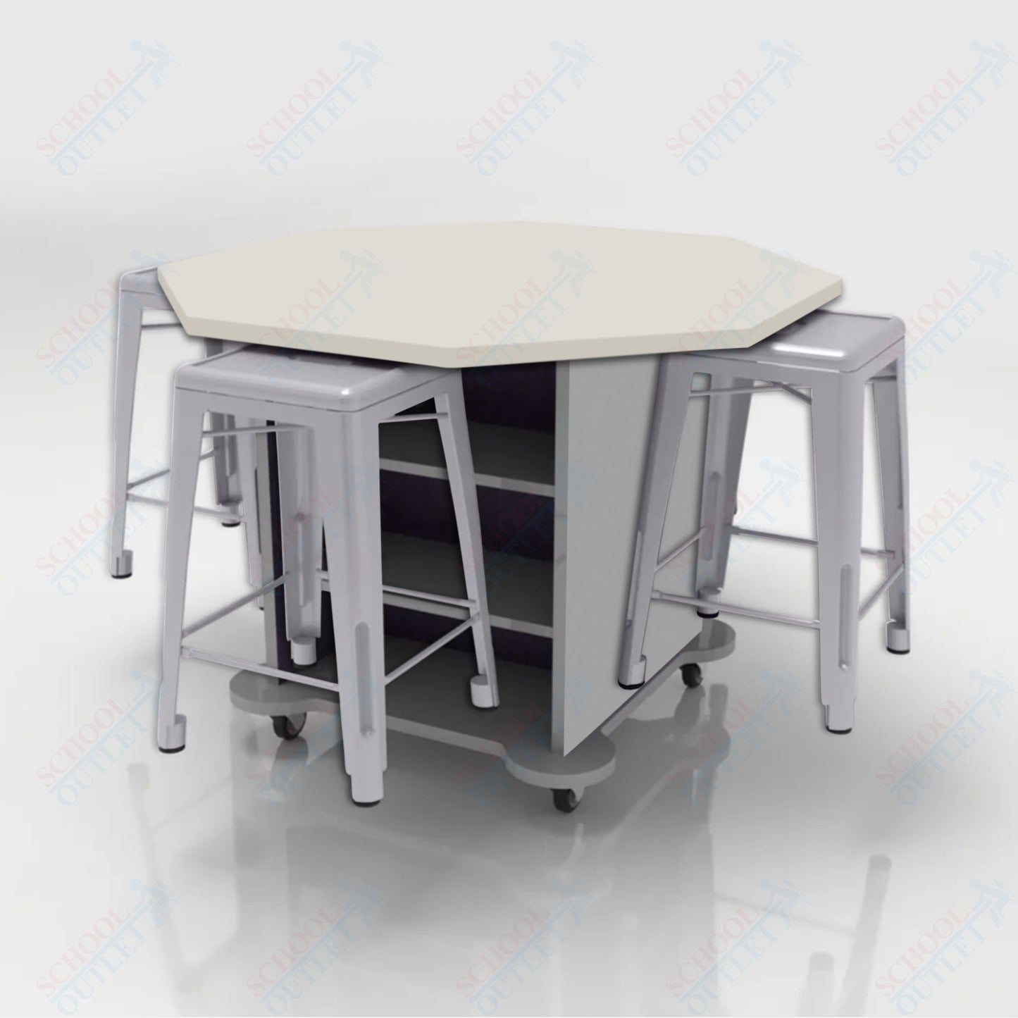 CEF Creation Cube Double-Sided Storage Table - 34"H, High-Pressure Laminate Base and Octagon Top - 4 Metal Stools Included