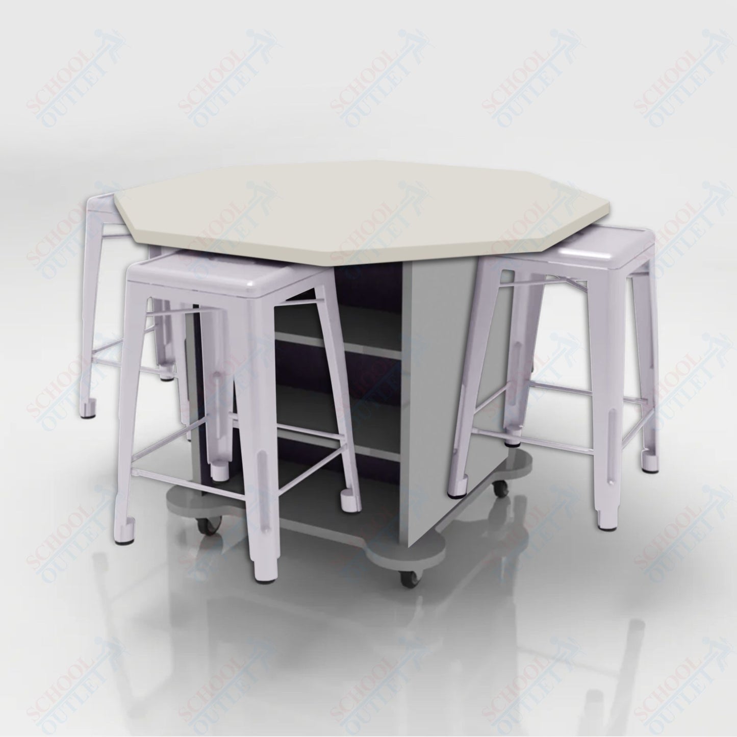 CEF Creation Cube Double-Sided Storage Table - 34"H, High-Pressure Laminate Base and Octagon Top - 4 Metal Stools Included