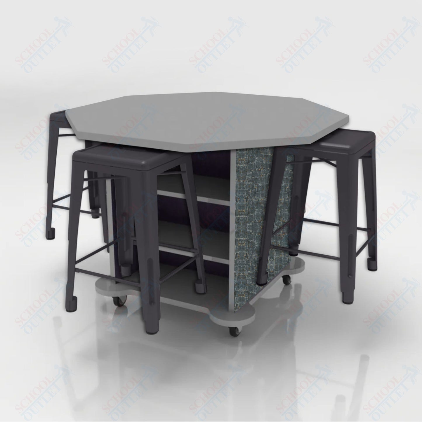 CEF Creation Cube Double-Sided Storage Table - 34"H, High-Pressure Laminate Base and Octagon Top - 4 Metal Stools Included