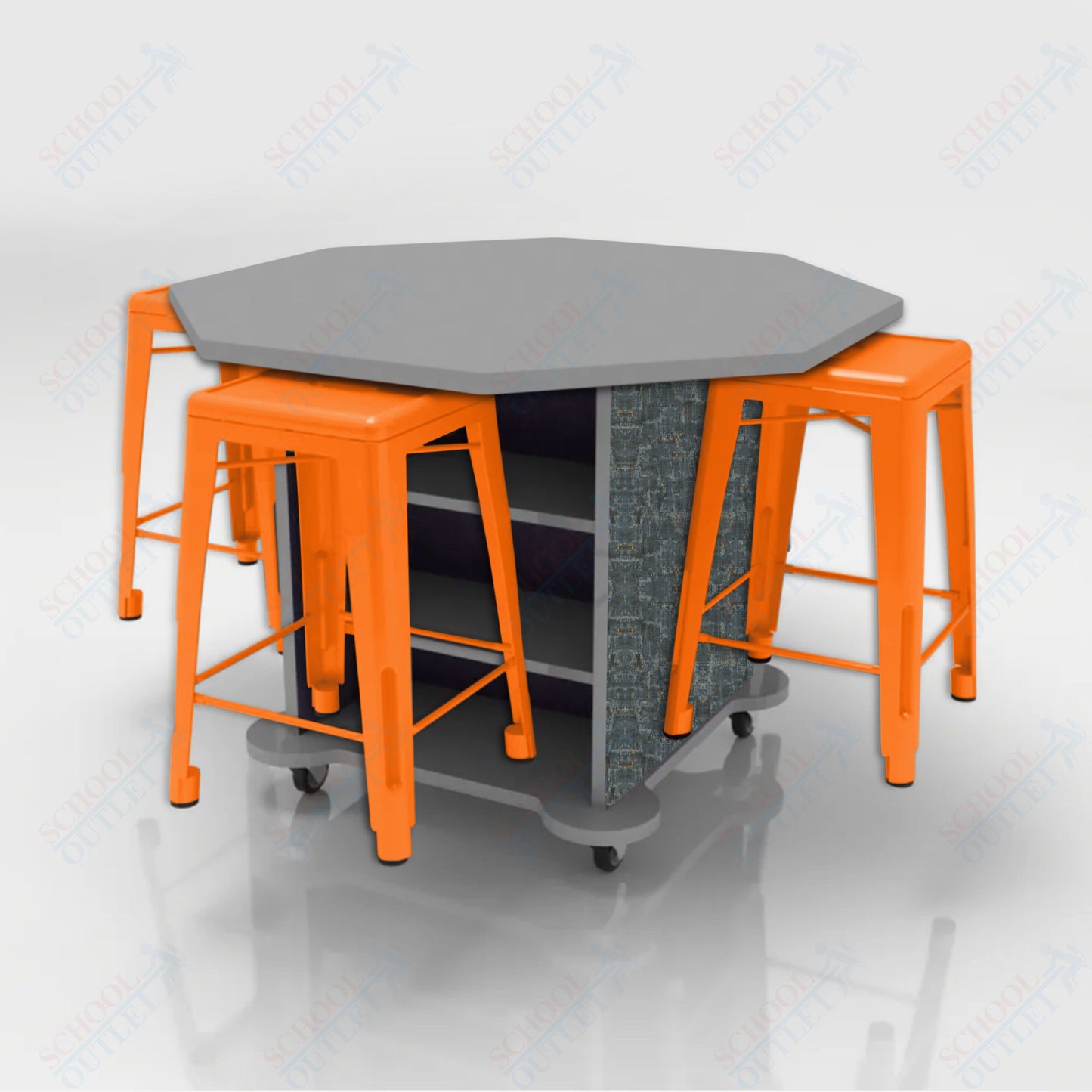 CEF Creation Cube Double-Sided Storage Table - 34"H, High-Pressure Laminate Base and Octagon Top - 4 Metal Stools Included