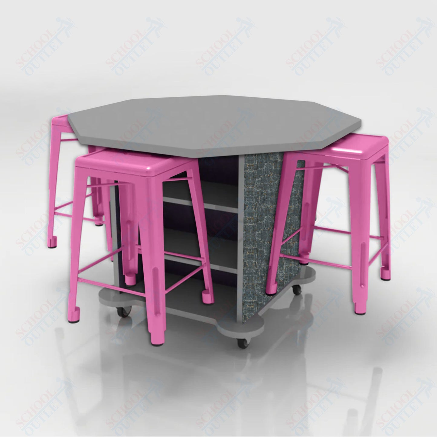 CEF Creation Cube Double-Sided Storage Table - 34"H, High-Pressure Laminate Base and Octagon Top - 4 Metal Stools Included