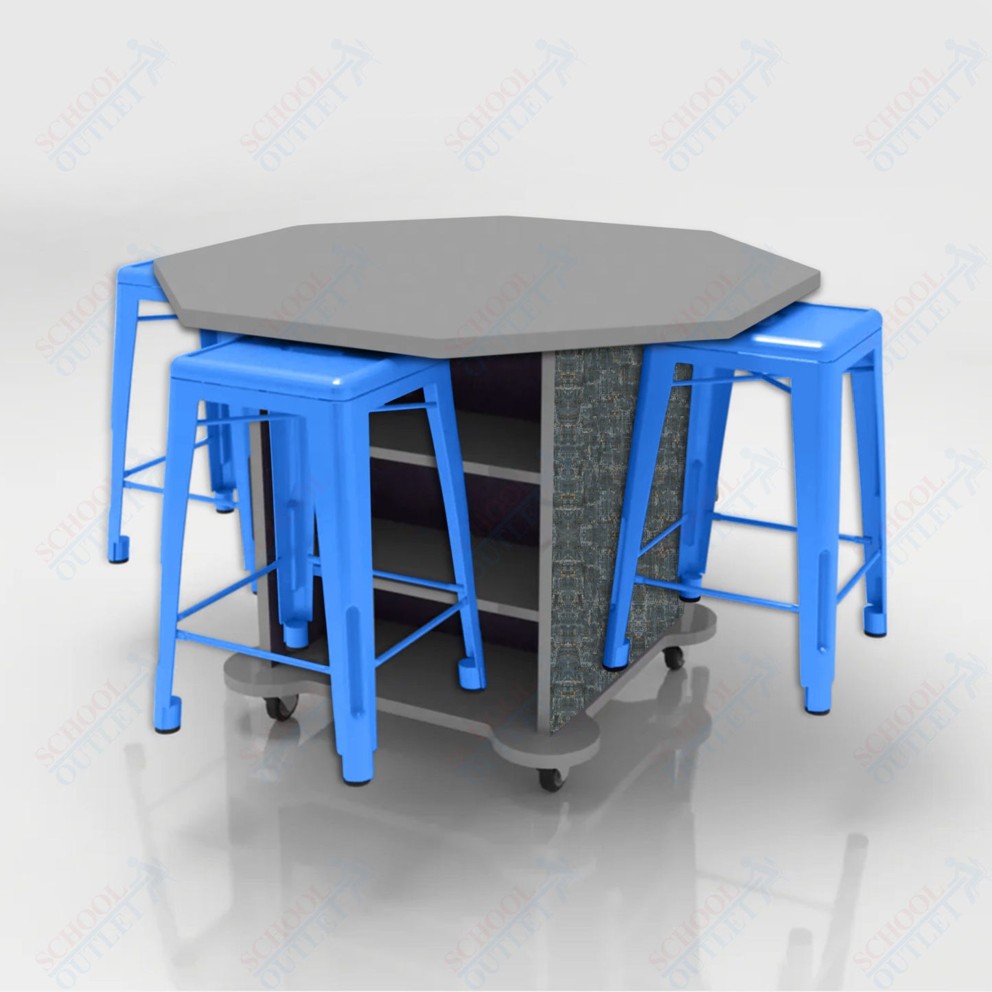 CEF Creation Cube Double-Sided Storage Table - 34"H, High-Pressure Laminate Base and Octagon Top - 4 Metal Stools Included