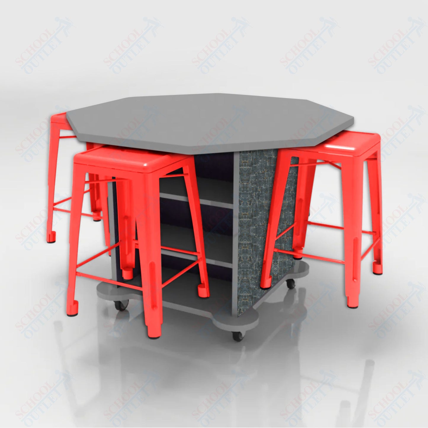 CEF Creation Cube Double-Sided Storage Table - 34"H, High-Pressure Laminate Base and Octagon Top - 4 Metal Stools Included
