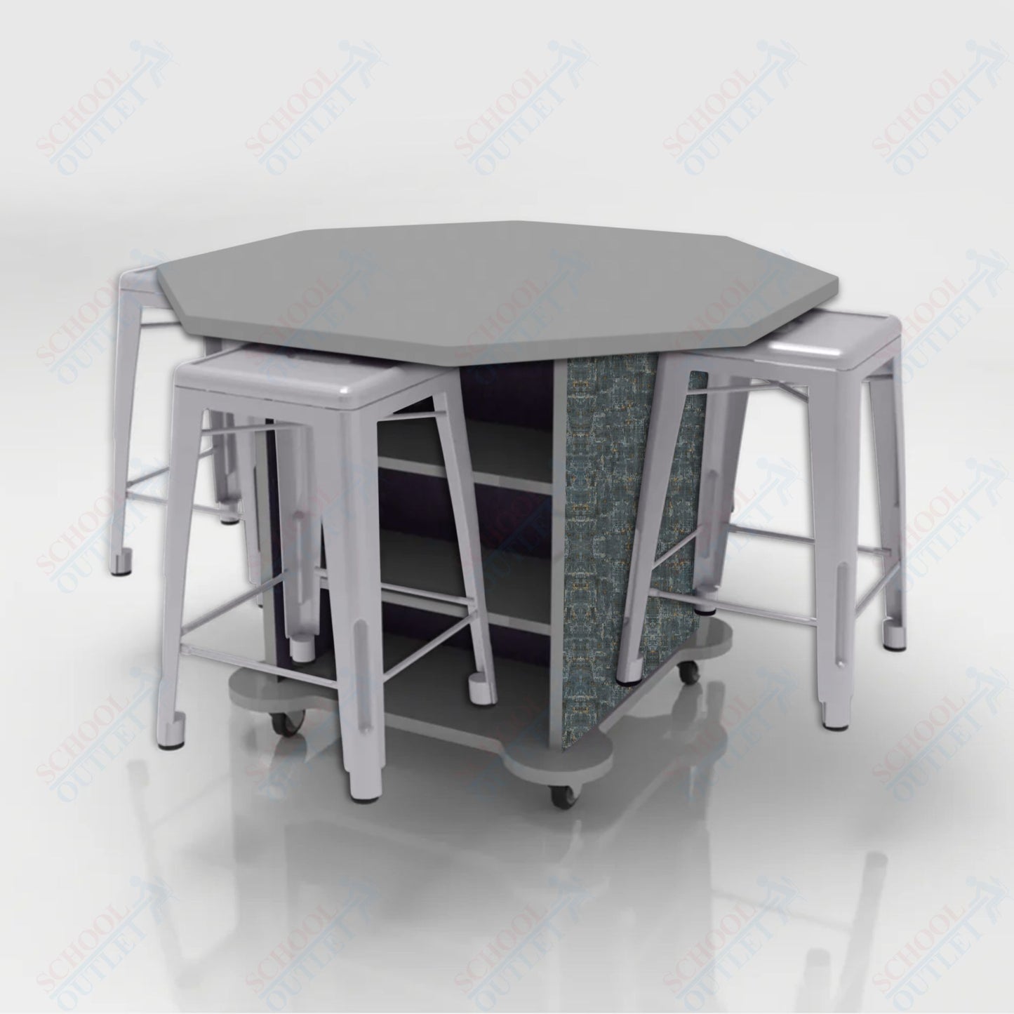 CEF Creation Cube Double-Sided Storage Table - 34"H, High-Pressure Laminate Base and Octagon Top - 4 Metal Stools Included
