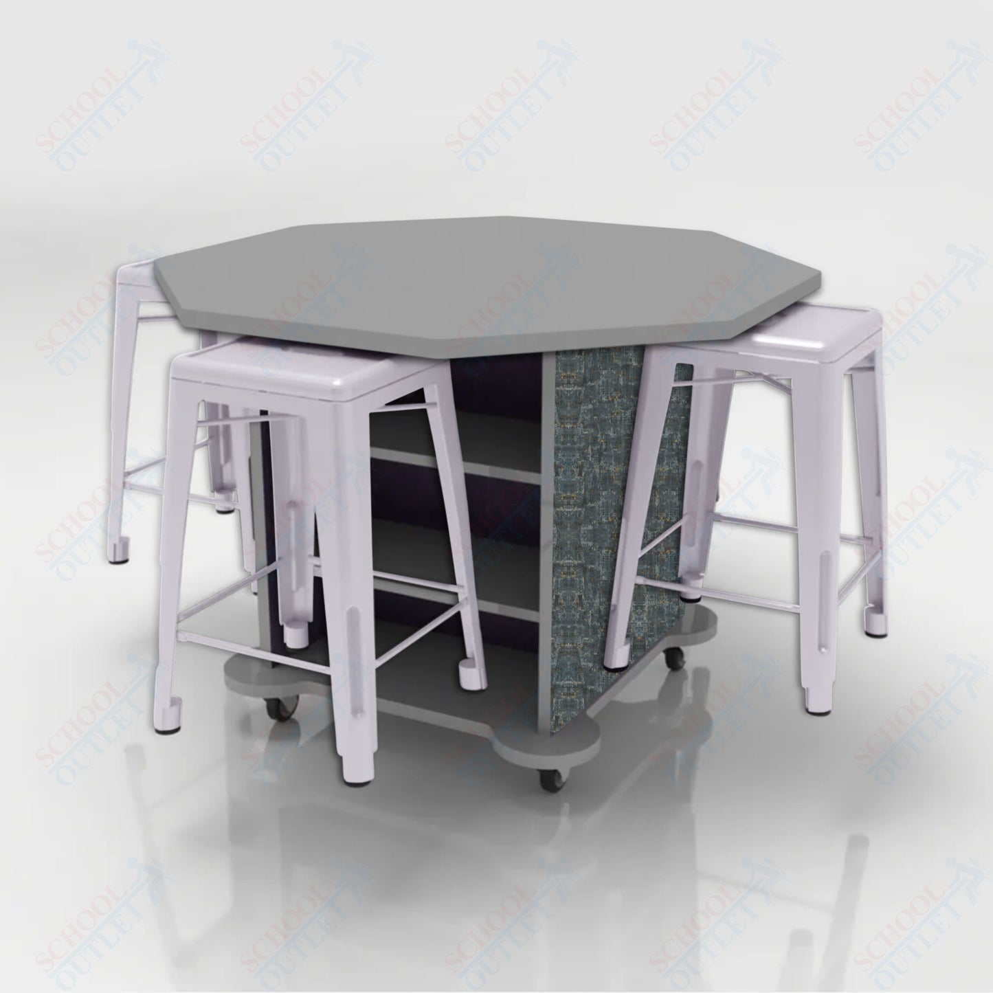 CEF Creation Cube Double-Sided Storage Table - 34"H, High-Pressure Laminate Base and Octagon Top - 4 Metal Stools Included