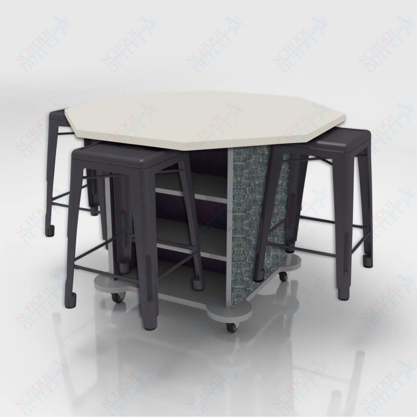 CEF Creation Cube Double-Sided Storage Table - 34"H, High-Pressure Laminate Base and Octagon Top - 4 Metal Stools Included