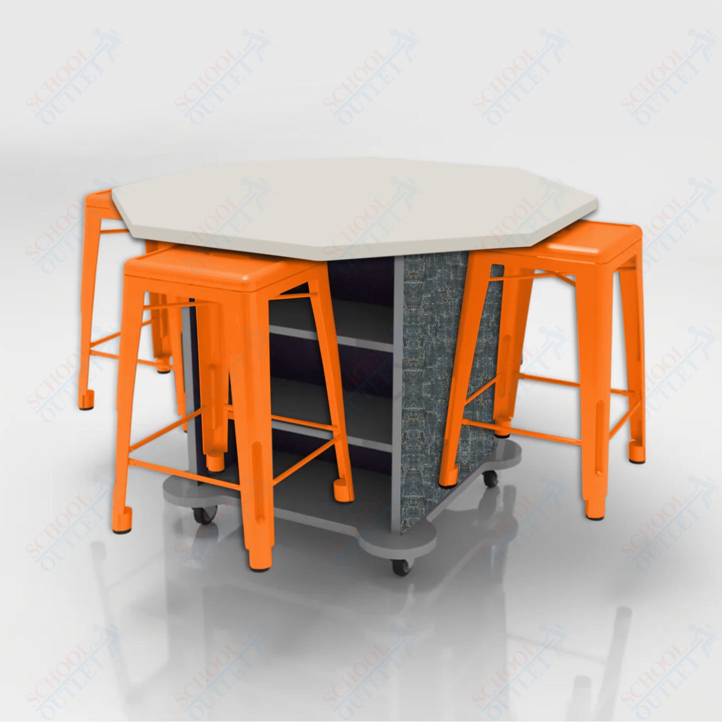 CEF Creation Cube Double-Sided Storage Table - 34"H, High-Pressure Laminate Base and Octagon Top - 4 Metal Stools Included