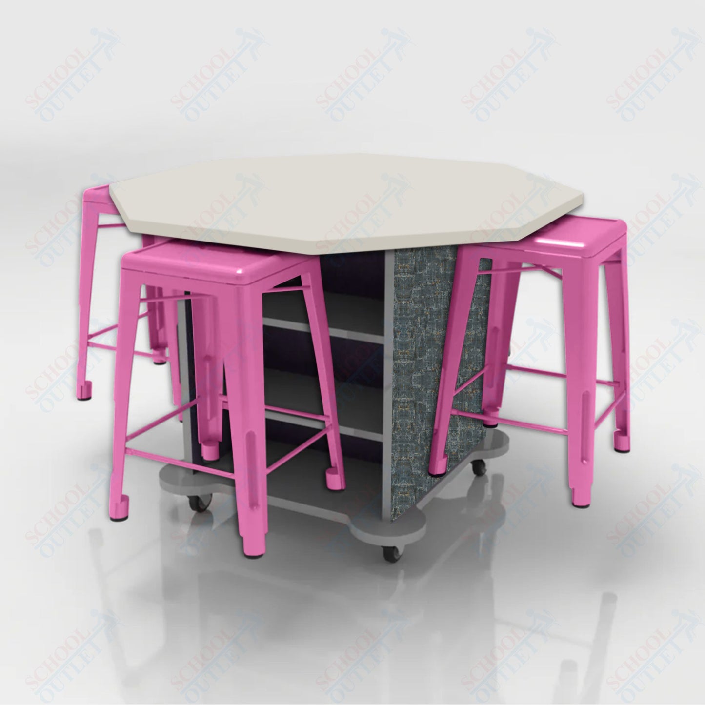 CEF Creation Cube Double-Sided Storage Table - 34"H, High-Pressure Laminate Base and Octagon Top - 4 Metal Stools Included