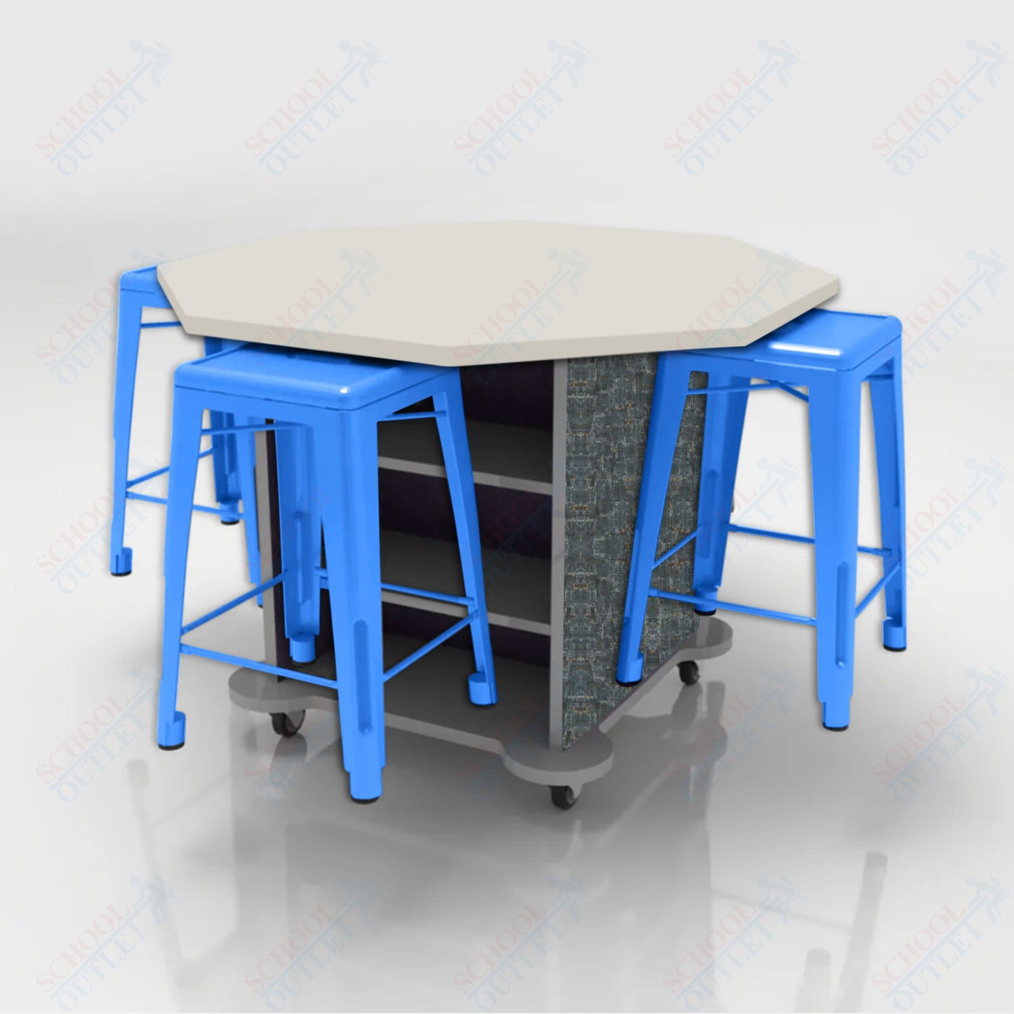 CEF Creation Cube Double-Sided Storage Table - 34"H, High-Pressure Laminate Base and Octagon Top - 4 Metal Stools Included