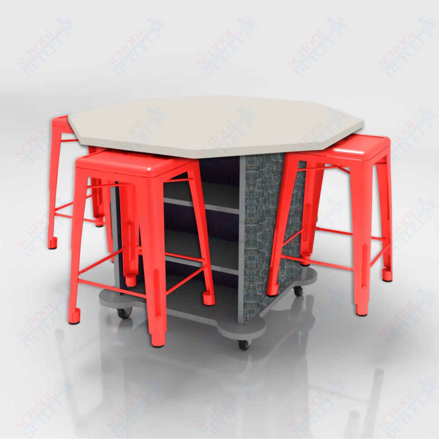 CEF Creation Cube Double-Sided Storage Table - 34"H, High-Pressure Laminate Base and Octagon Top - 4 Metal Stools Included