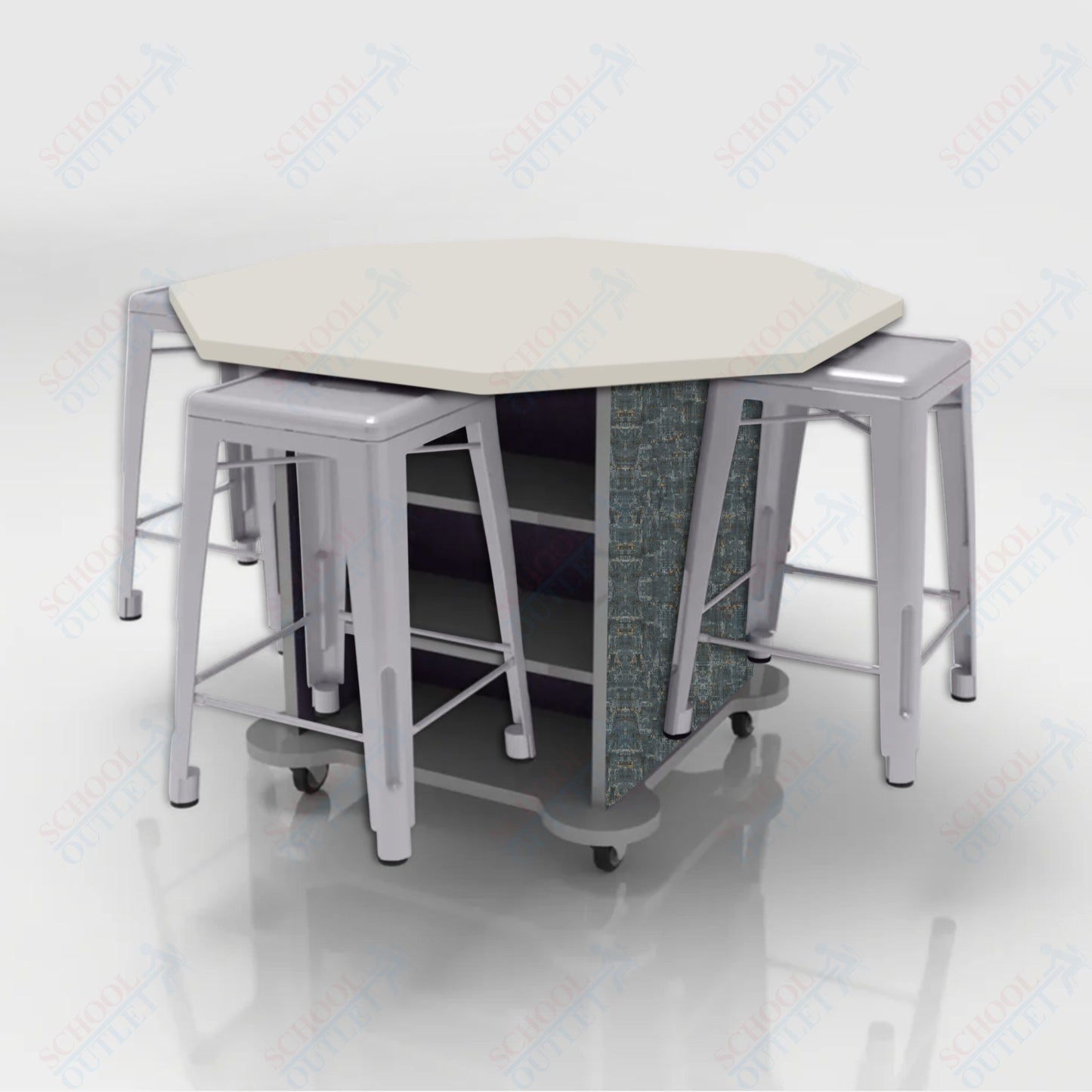 CEF Creation Cube Double-Sided Storage Table - 34"H, High-Pressure Laminate Base and Octagon Top - 4 Metal Stools Included