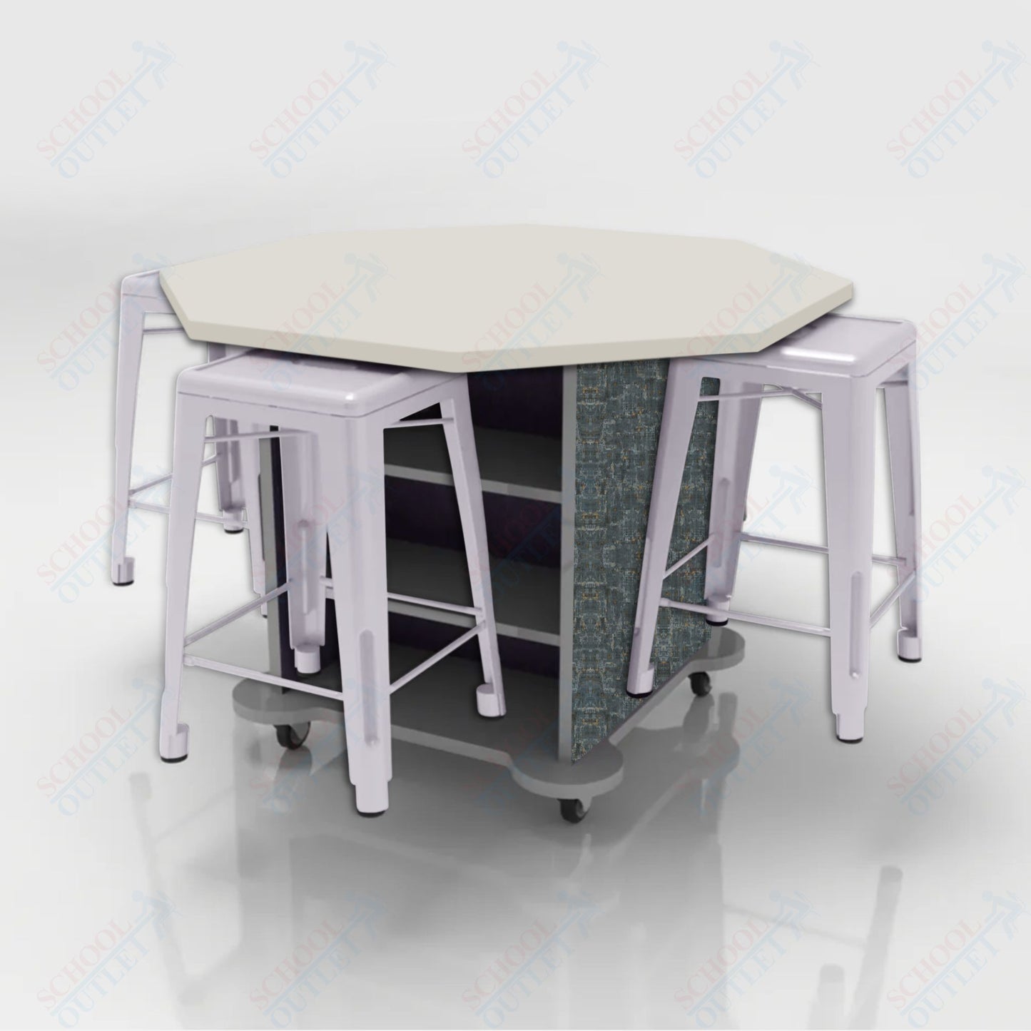 CEF Creation Cube Double-Sided Storage Table - 34"H, High-Pressure Laminate Base and Octagon Top - 4 Metal Stools Included
