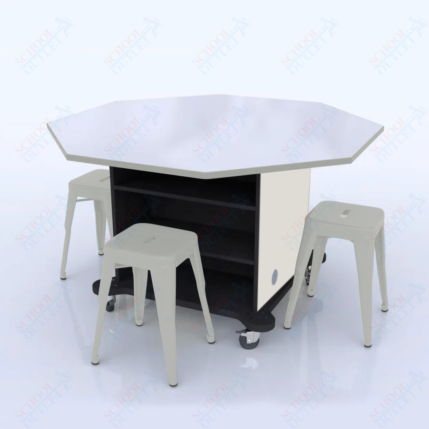 CEF Creation Cube Double-Sided Storage Table - 34"H, White Dry Erase Octagon Top, High-Pressure Laminate Base and 4 Metal Stools Included