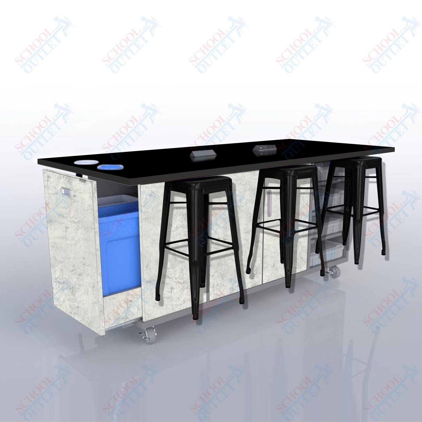 CEF ED Original Table 36"H High Pressure Laminate Top, Laminate Base with  6 Stools, Storage Bins, Trash Bins, and Electrical Outlets Included.