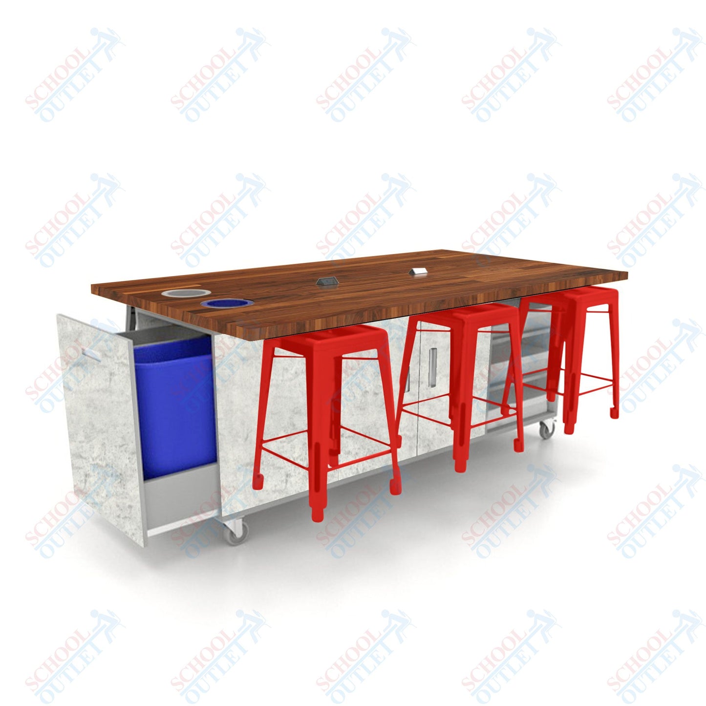CEF ED Original Table 36"H Butcher Block Top, Laminate Base with  6 Stools, Storage Bins, Trash Bins, and Electrical Outlets Included.