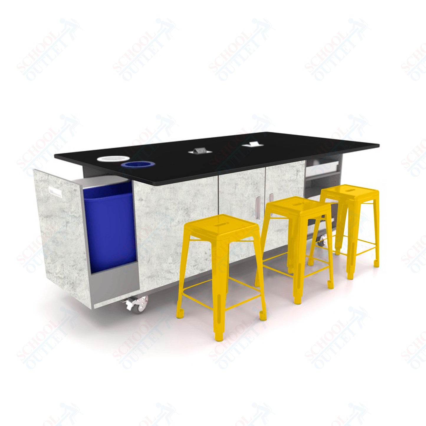 CEF ED Original Table 36"H Tough Top, Laminate Base with  6 Stools, Storage Bins, Trash Bins, and Electrical Outlets Included.