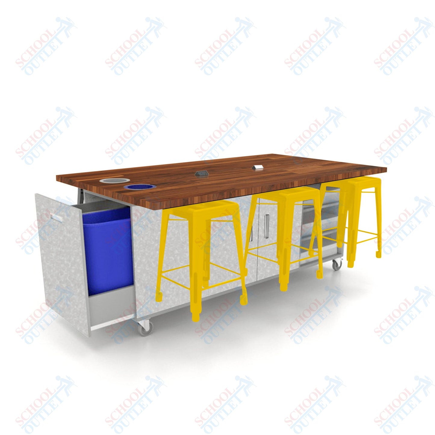 CEF ED Original Table 36"H Butcher Block Top, Laminate Base with  6 Stools, Storage Bins, Trash Bins, and Electrical Outlets Included.