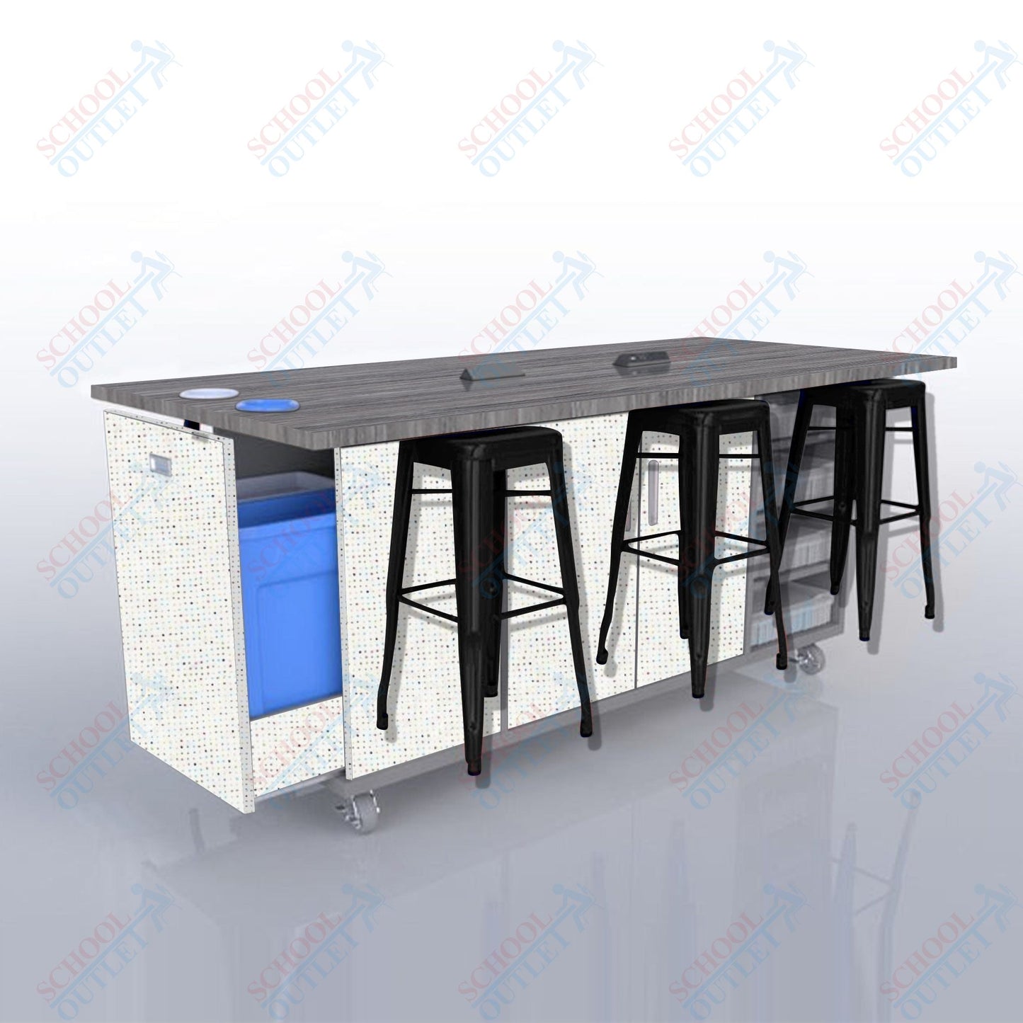 CEF ED Original Table 36"H High Pressure Laminate Top, Laminate Base with  6 Stools, Storage Bins, Trash Bins, and Electrical Outlets Included.