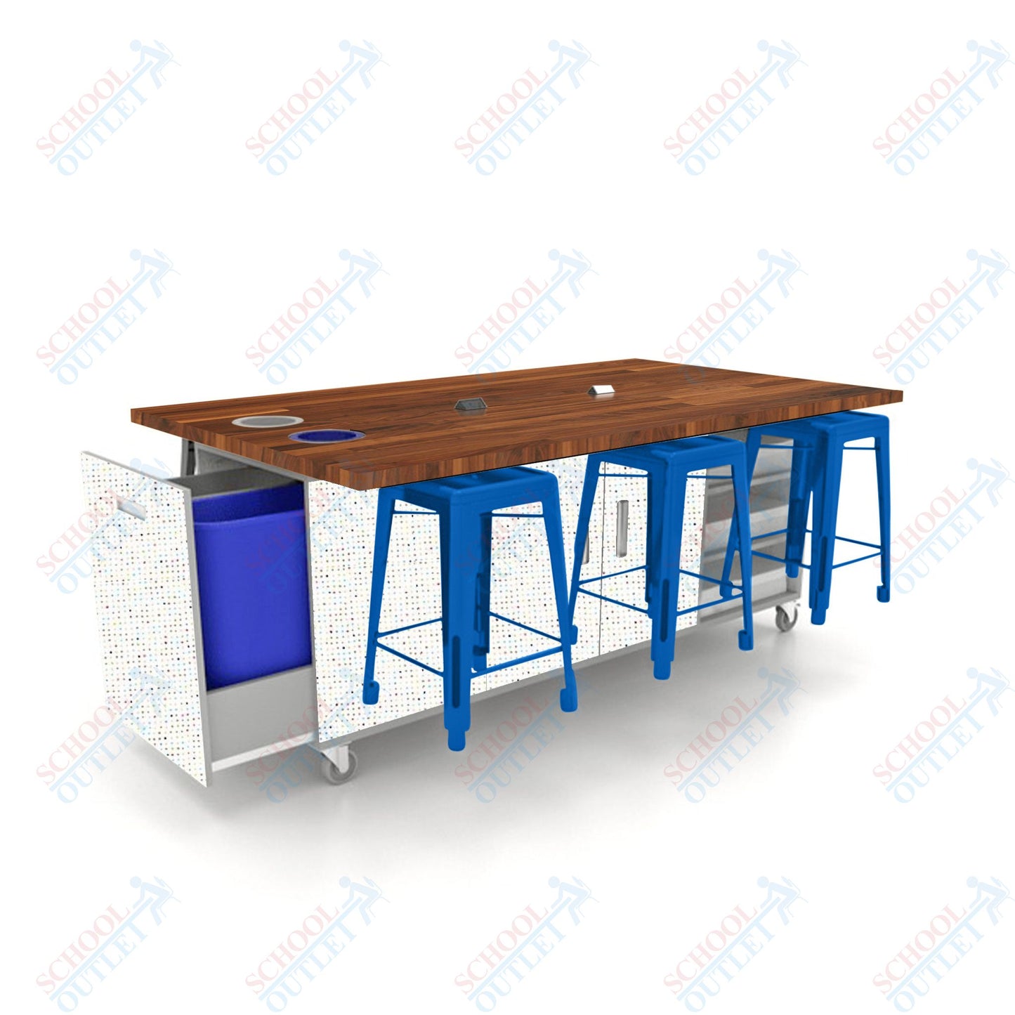 CEF ED Original Table 36"H Butcher Block Top, Laminate Base with  6 Stools, Storage Bins, Trash Bins, and Electrical Outlets Included.