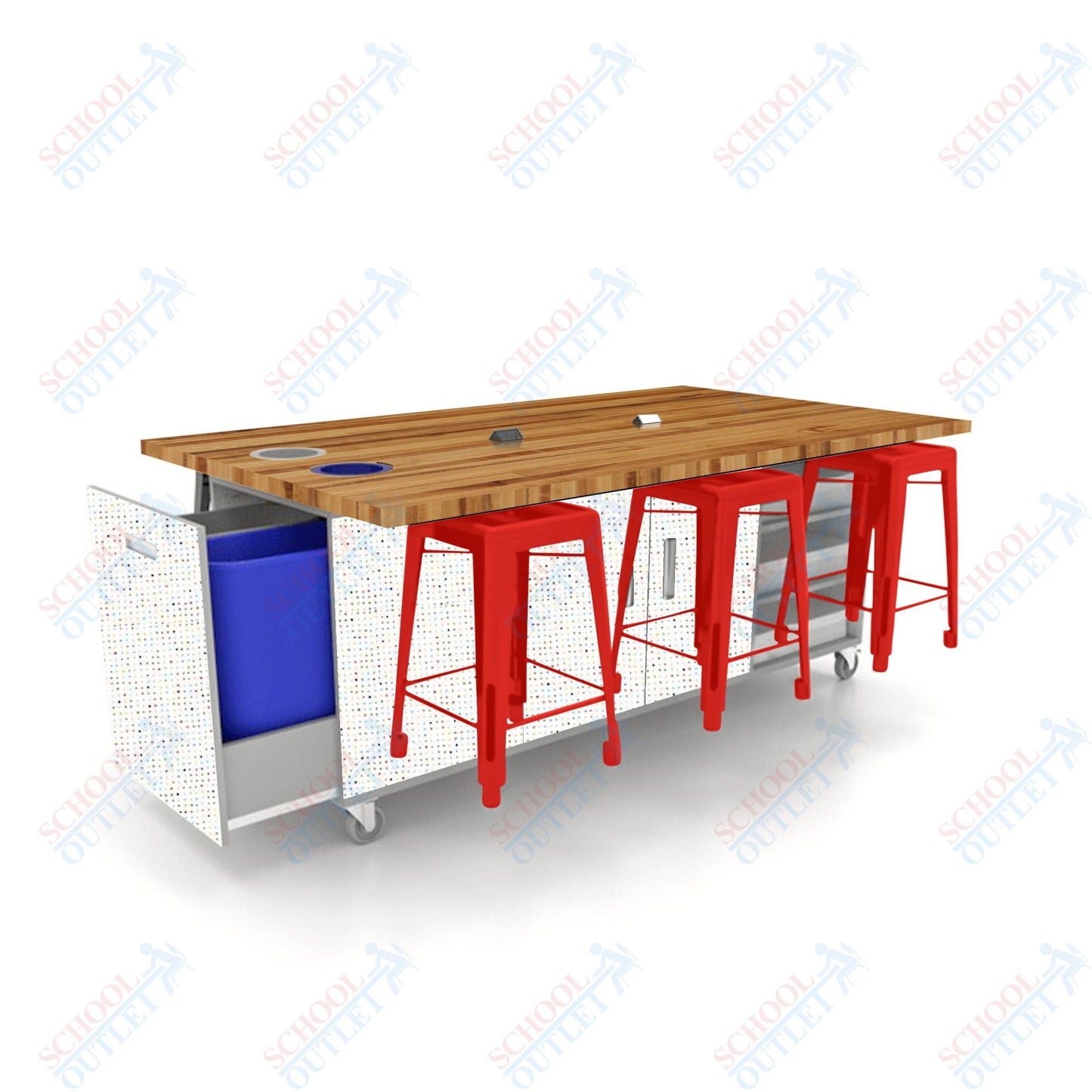 CEF ED Original Table 36"H Butcher Block Top, Laminate Base with  6 Stools, Storage Bins, Trash Bins, and Electrical Outlets Included.