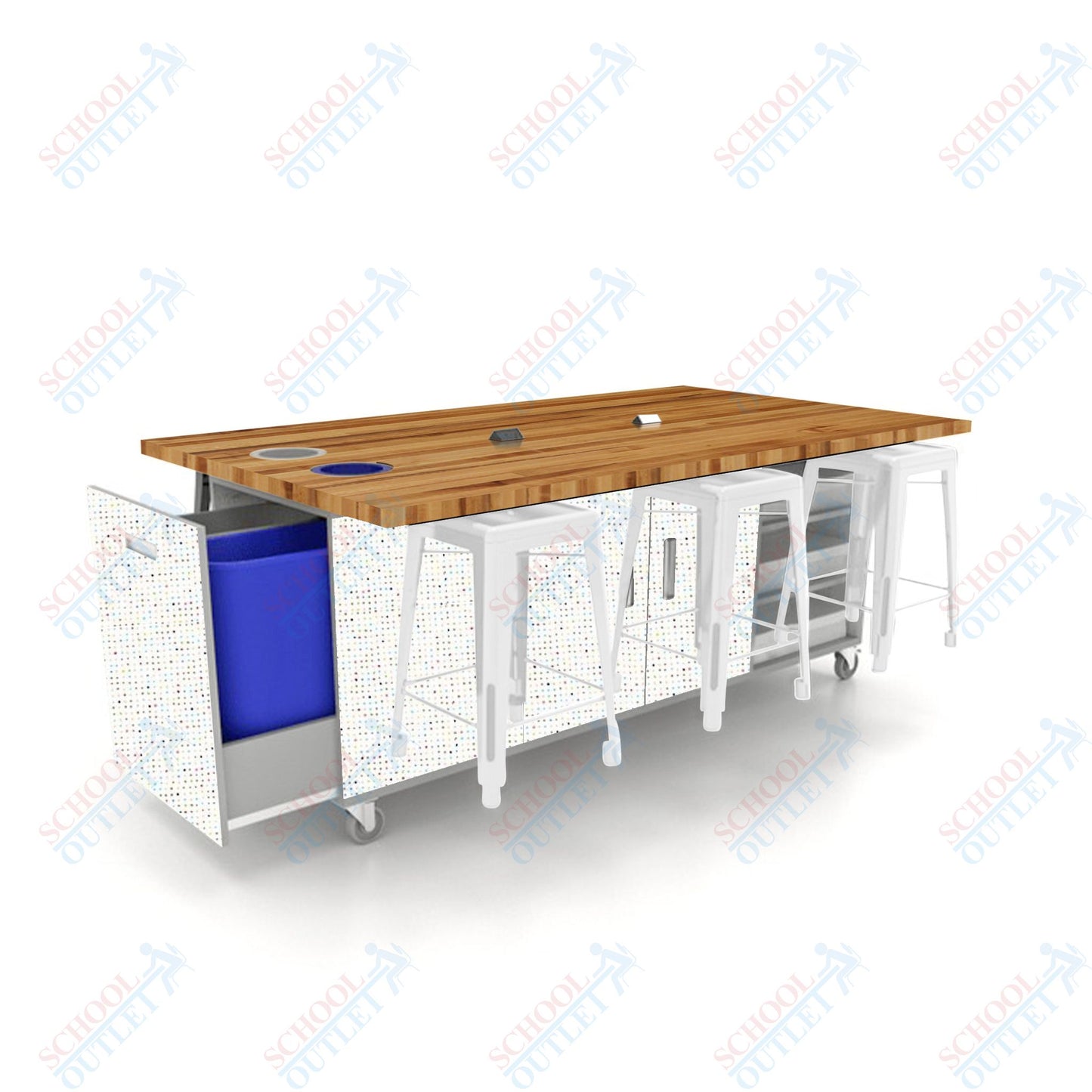 CEF ED Original Table 36"H Butcher Block Top, Laminate Base with  6 Stools, Storage Bins, Trash Bins, and Electrical Outlets Included.