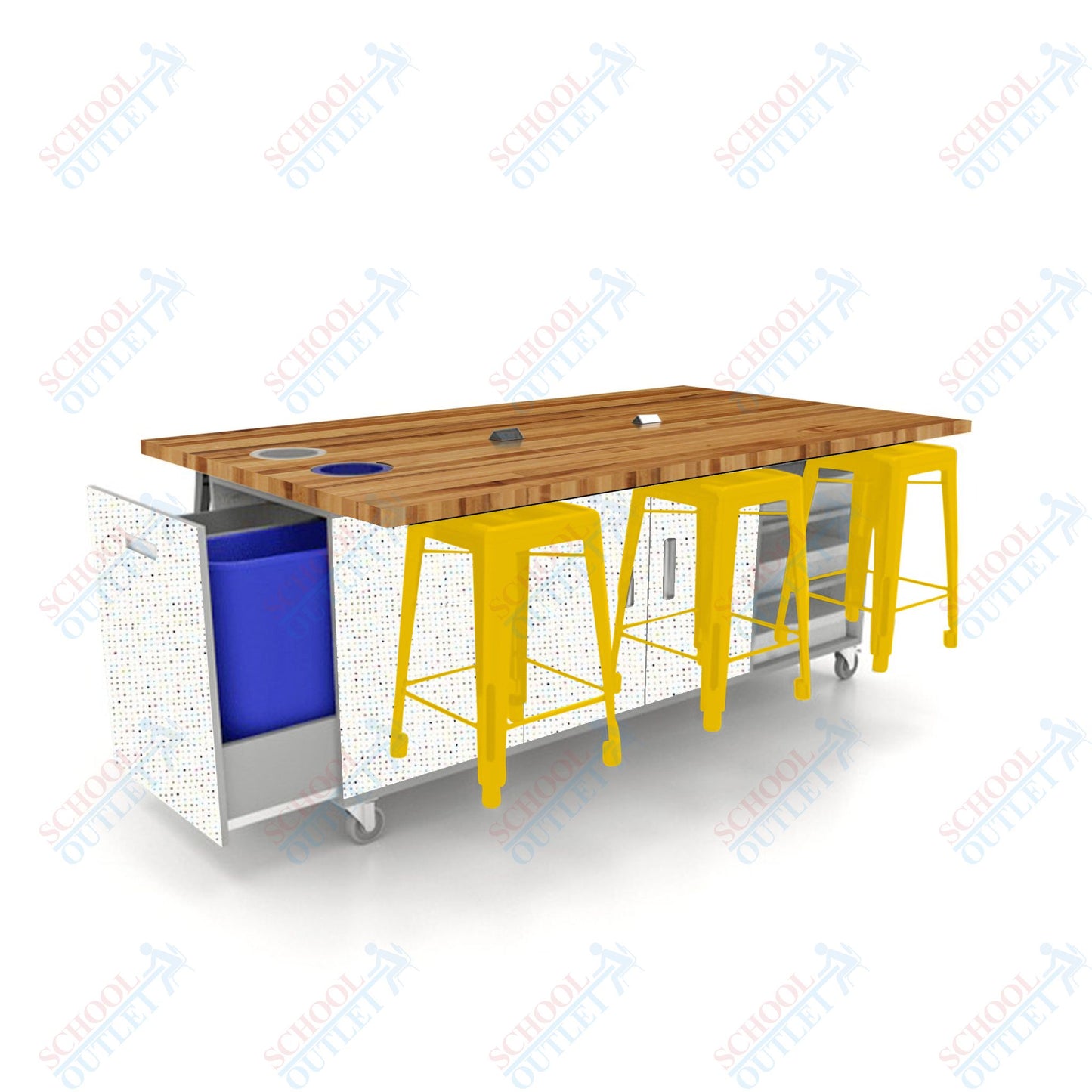CEF ED Original Table 36"H Butcher Block Top, Laminate Base with  6 Stools, Storage Bins, Trash Bins, and Electrical Outlets Included.