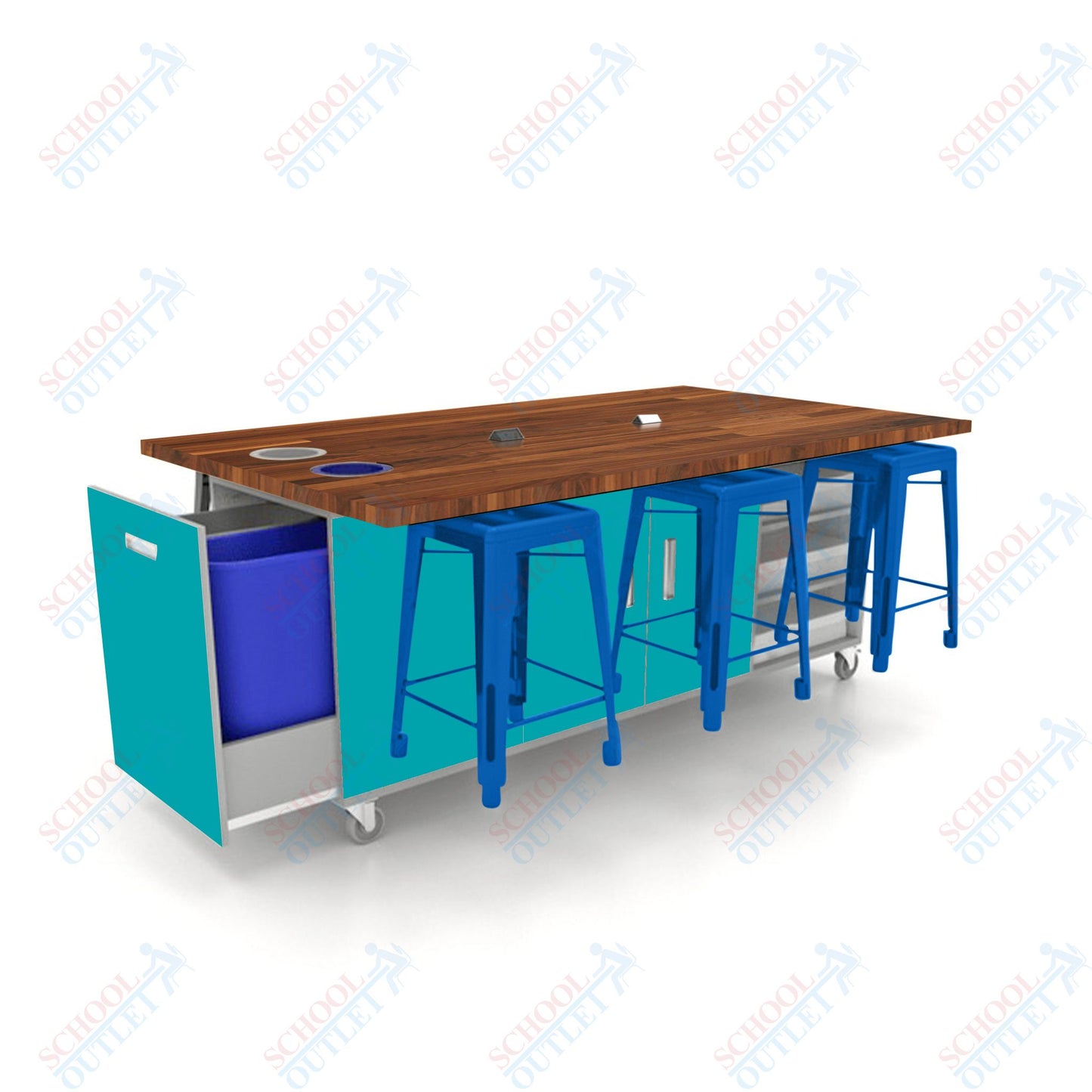 CEF ED Original Table 36"H Butcher Block Top, Laminate Base with  6 Stools, Storage Bins, Trash Bins, and Electrical Outlets Included.