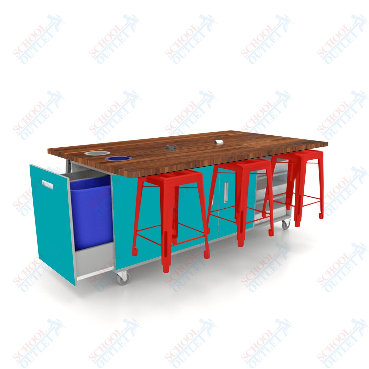 CEF ED Original Table 36"H Butcher Block Top, Laminate Base with  6 Stools, Storage Bins, Trash Bins, and Electrical Outlets Included.
