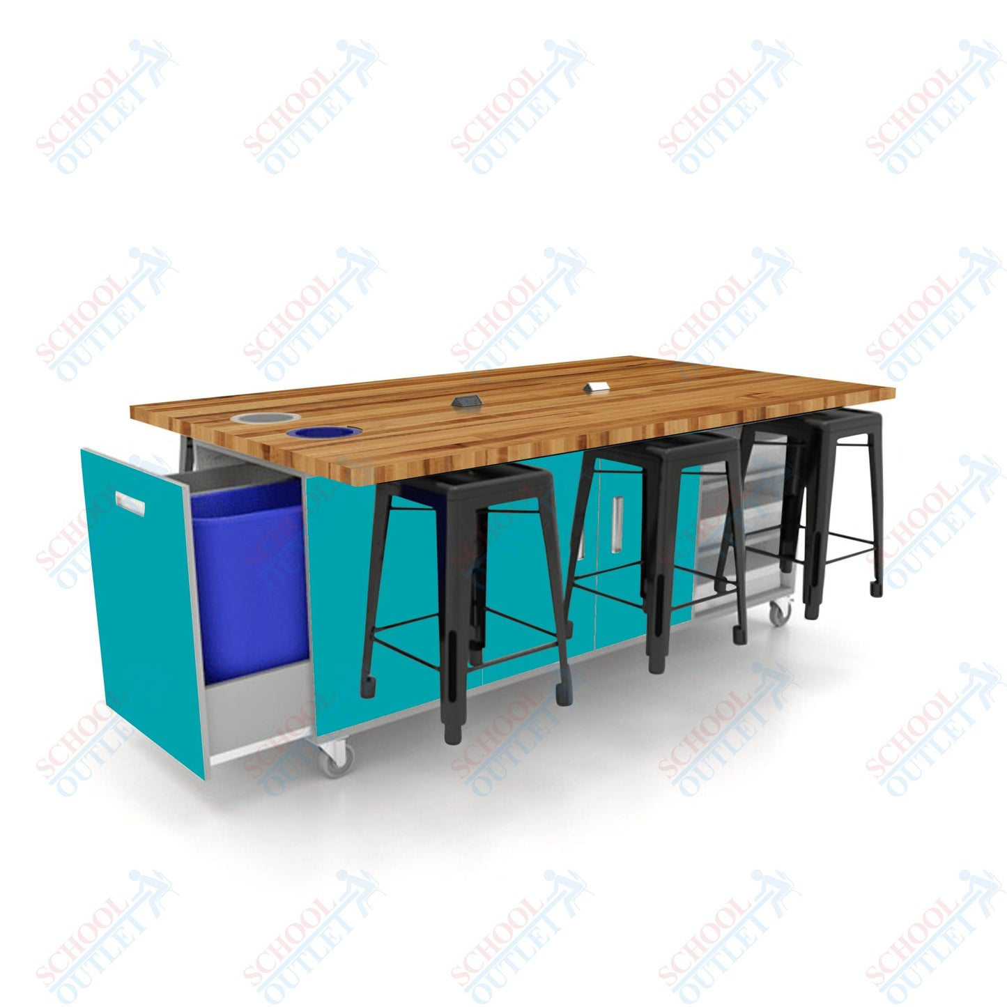CEF ED Original Table 36"H Butcher Block Top, Laminate Base with  6 Stools, Storage Bins, Trash Bins, and Electrical Outlets Included.