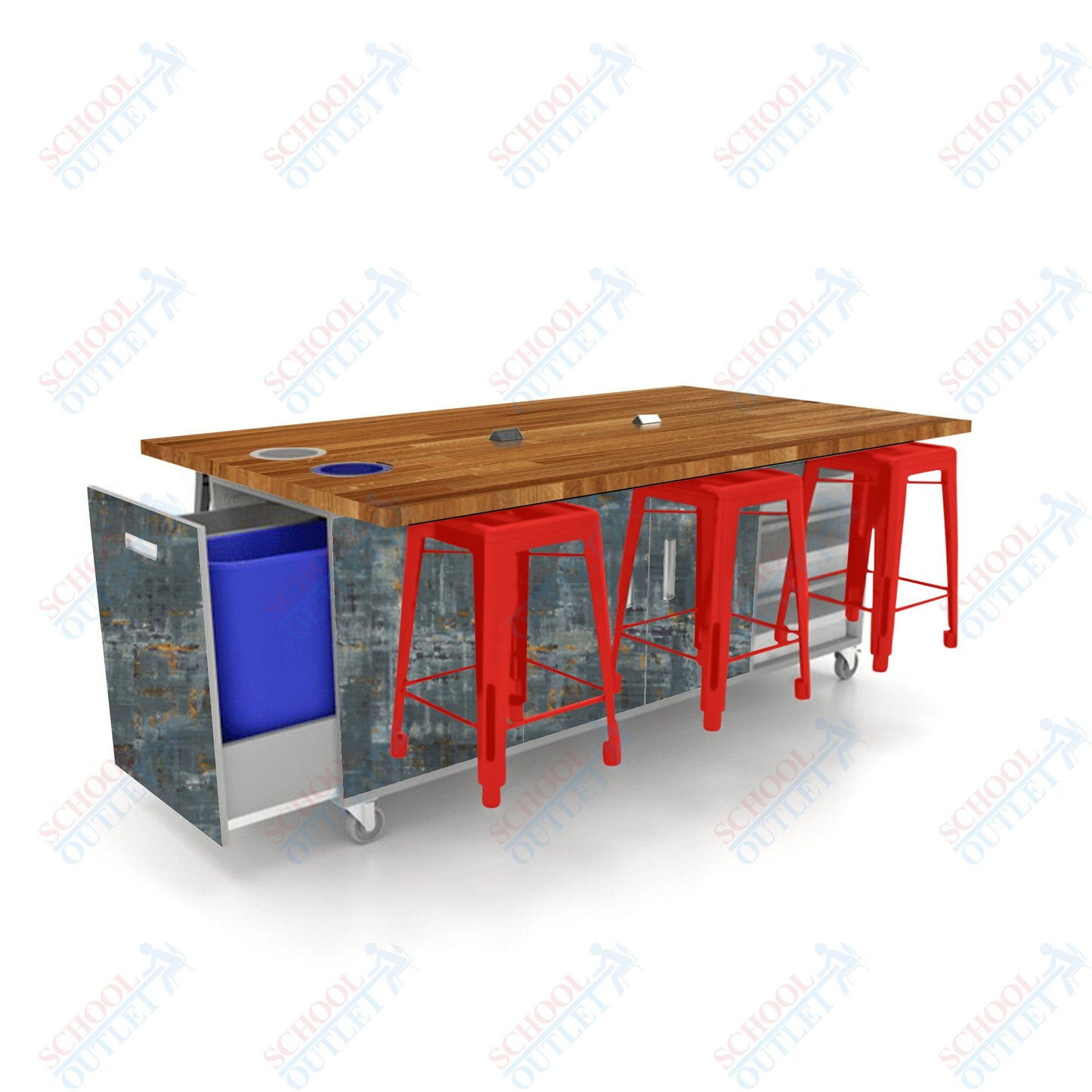CEF ED Original Table 36"H Butcher Block Top, Laminate Base with  6 Stools, Storage Bins, Trash Bins, and Electrical Outlets Included.
