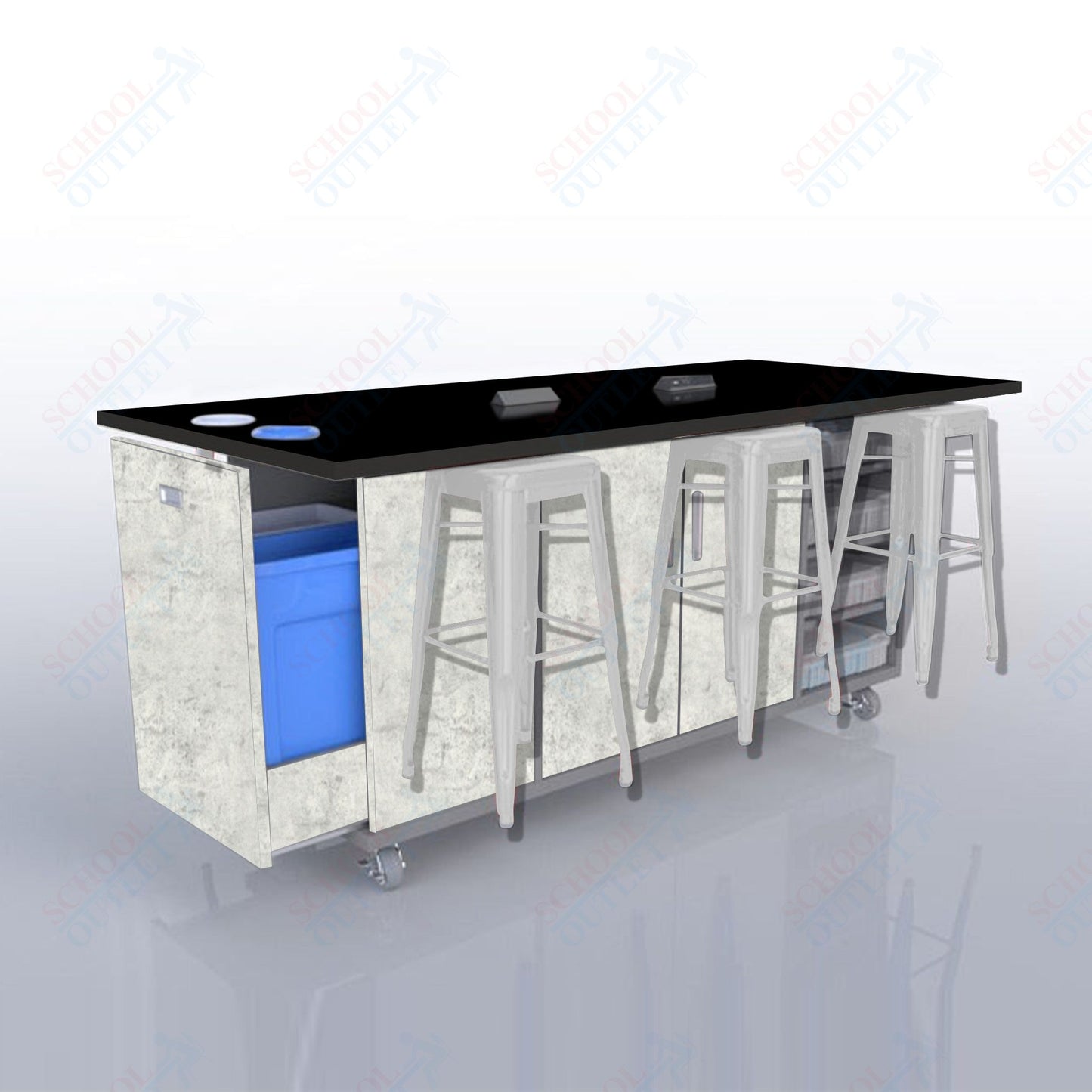 CEF ED Original Table 42"H High Pressure Laminate Top, Laminate Base with  6 Stools, Storage Bins, Trash Bins, and Electrical Outlets Included.