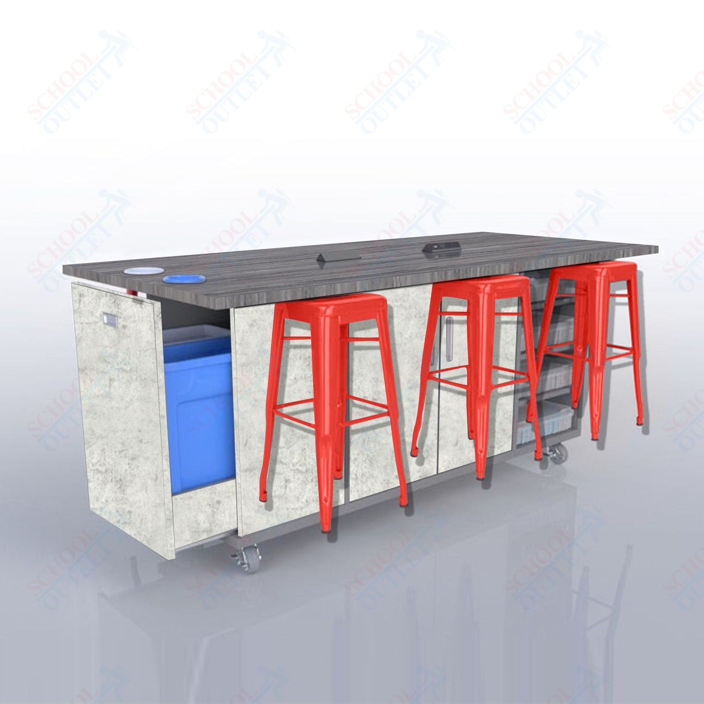 CEF ED Original Table 42"H High Pressure Laminate Top, Laminate Base with  6 Stools, Storage Bins, Trash Bins, and Electrical Outlets Included.