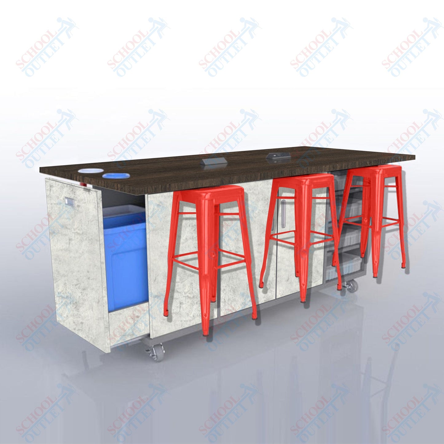 CEF ED Original Table 42"H High Pressure Laminate Top, Laminate Base with  6 Stools, Storage Bins, Trash Bins, and Electrical Outlets Included.