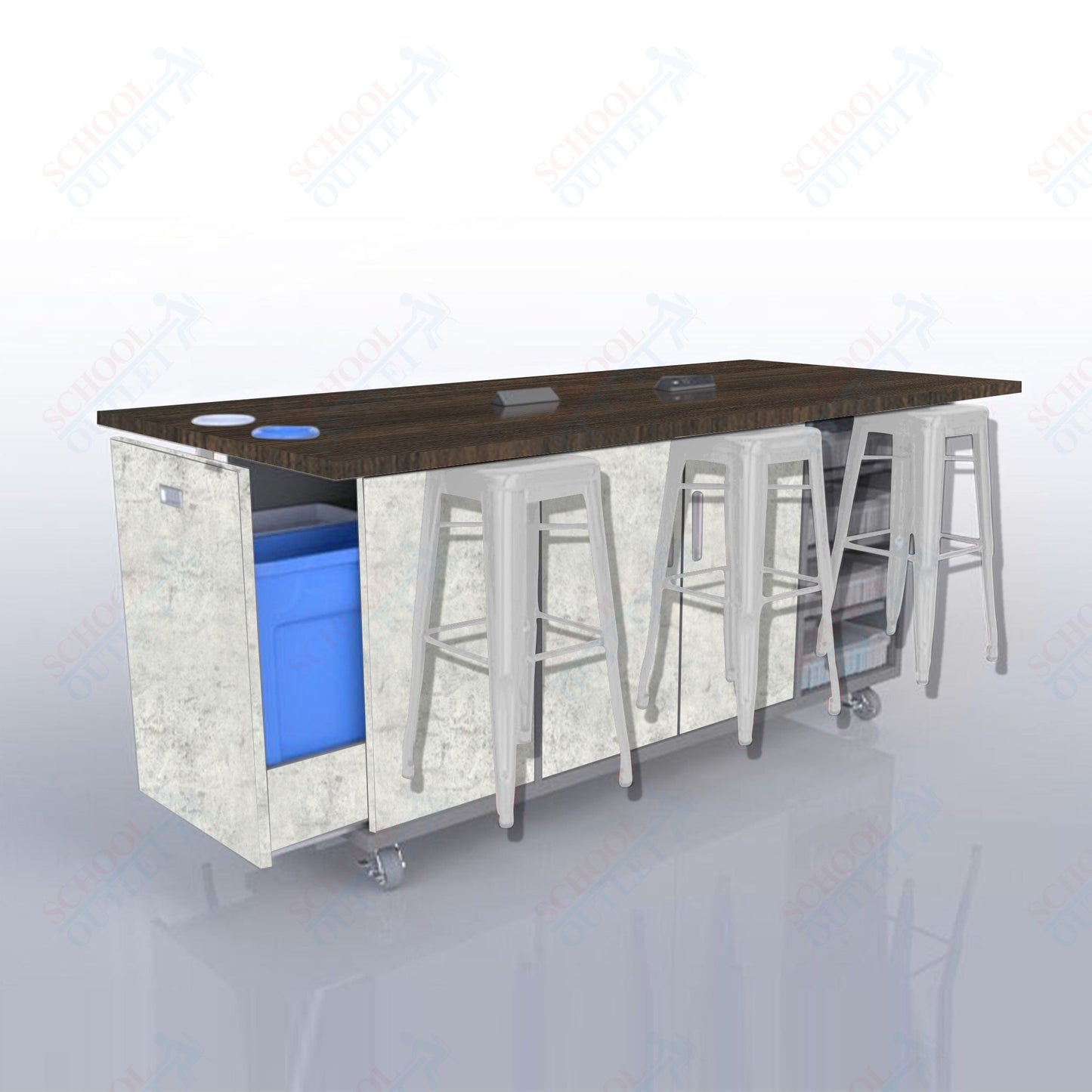 CEF ED Original Table 42"H High Pressure Laminate Top, Laminate Base with  6 Stools, Storage Bins, Trash Bins, and Electrical Outlets Included.