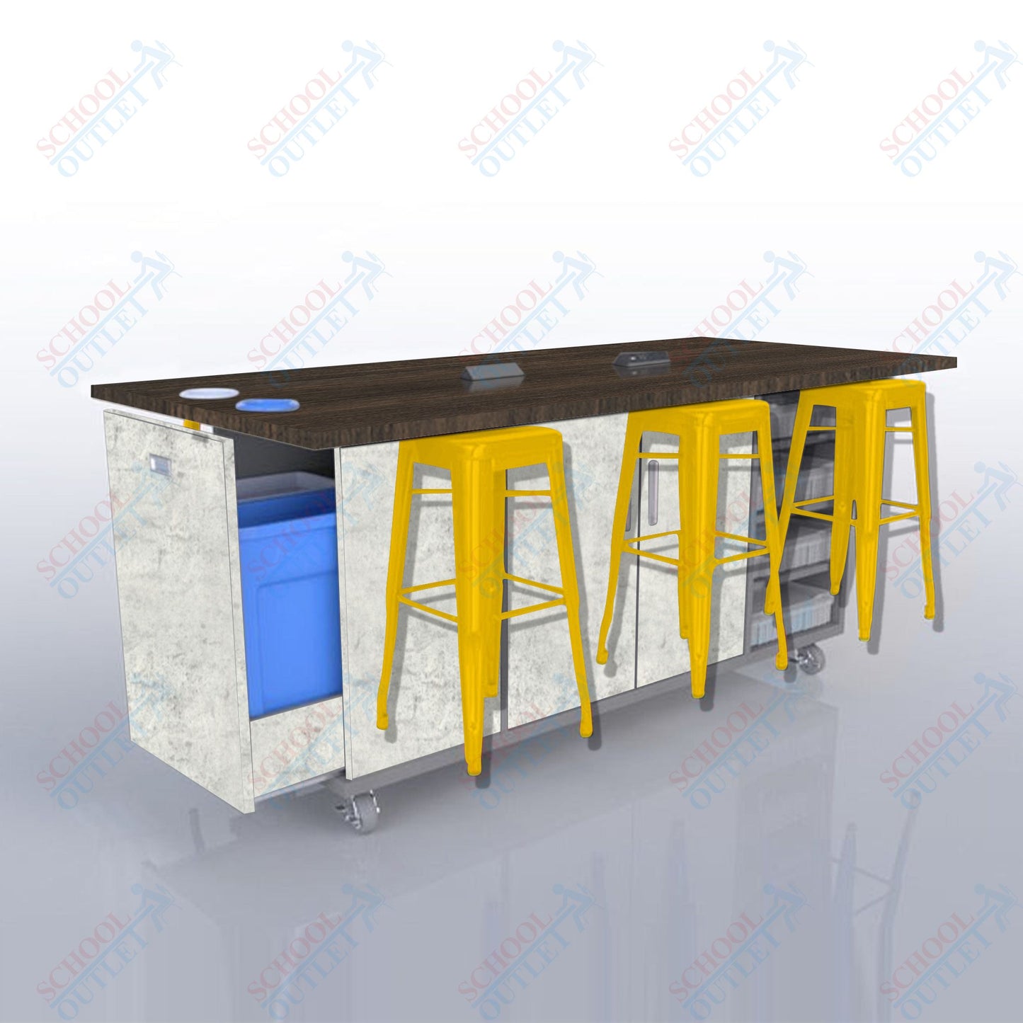 CEF ED Original Table 42"H High Pressure Laminate Top, Laminate Base with  6 Stools, Storage Bins, Trash Bins, and Electrical Outlets Included.