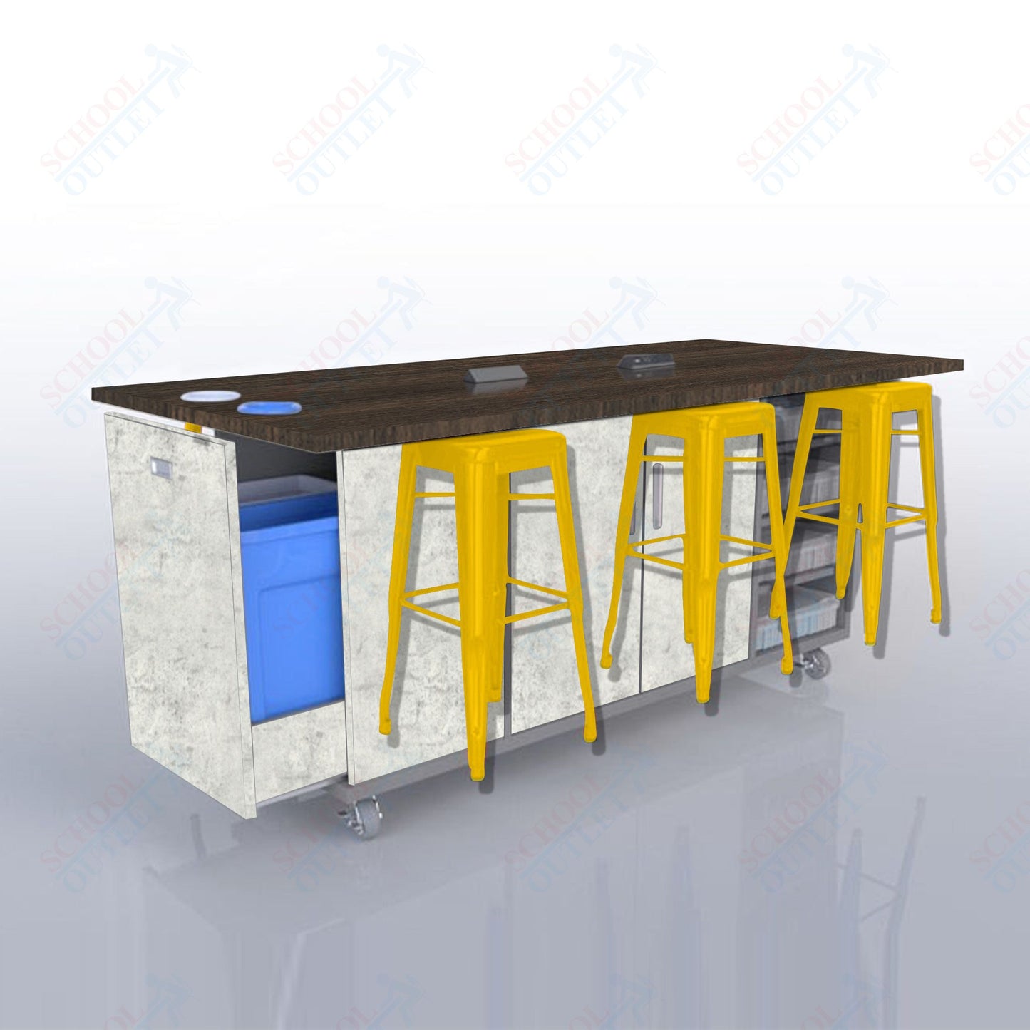 CEF ED Original Table 42"H High Pressure Laminate Top, Laminate Base with  6 Stools, Storage Bins, Trash Bins, and Electrical Outlets Included.