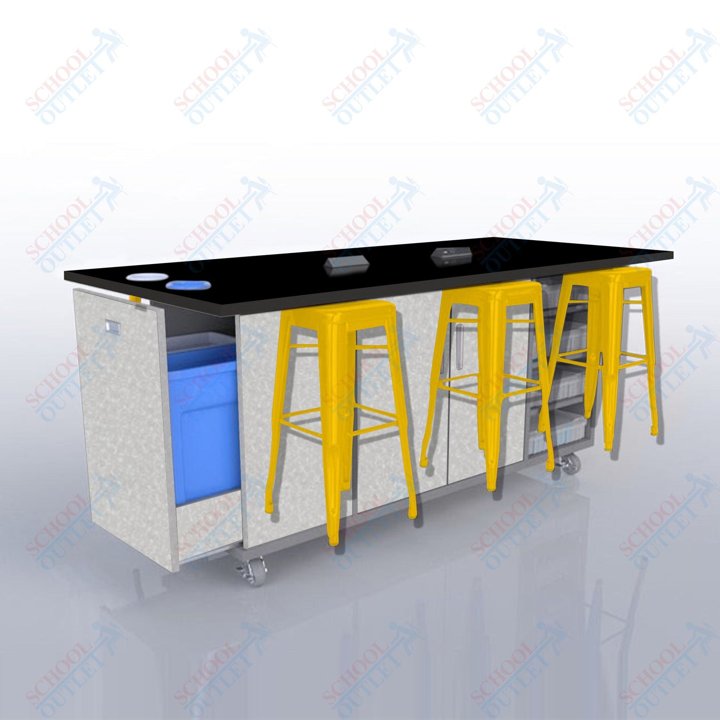 CEF ED Original Table 42"H High Pressure Laminate Top, Laminate Base with  6 Stools, Storage Bins, Trash Bins, and Electrical Outlets Included.