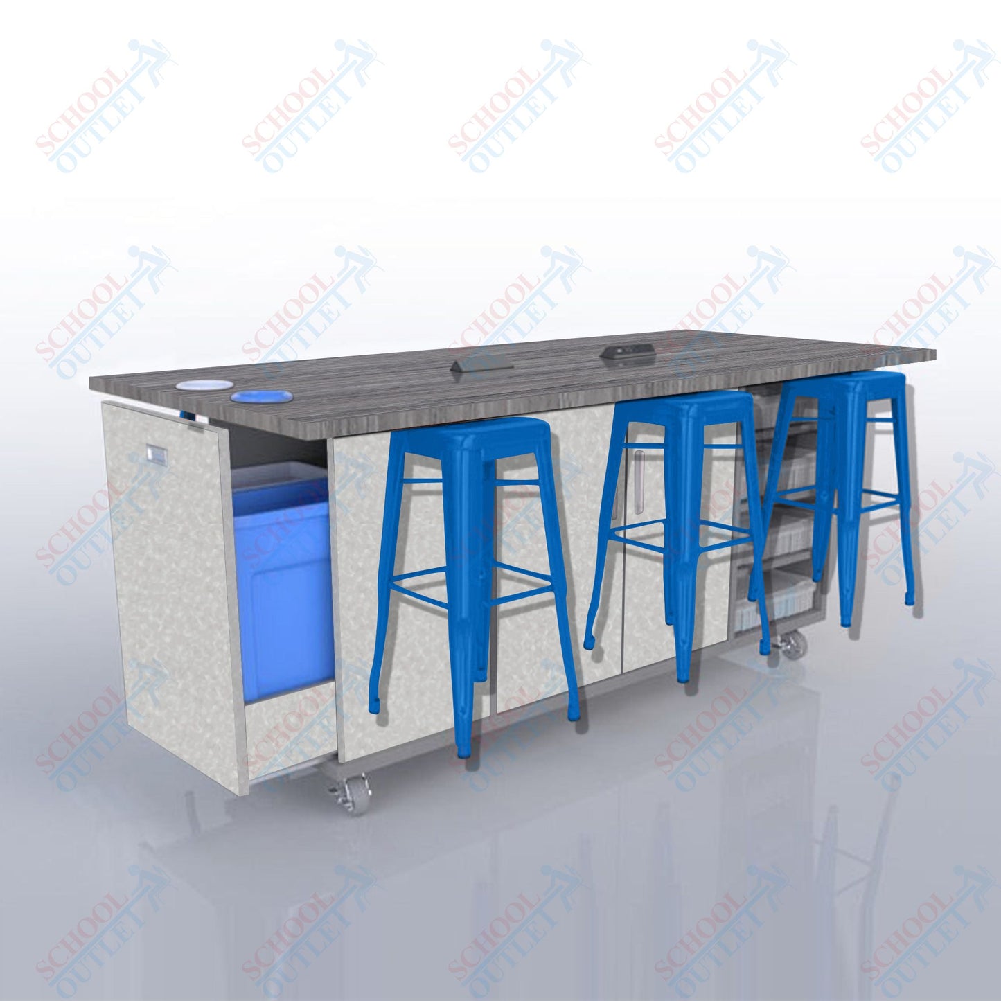 CEF ED Original Table 42"H High Pressure Laminate Top, Laminate Base with  6 Stools, Storage Bins, Trash Bins, and Electrical Outlets Included.