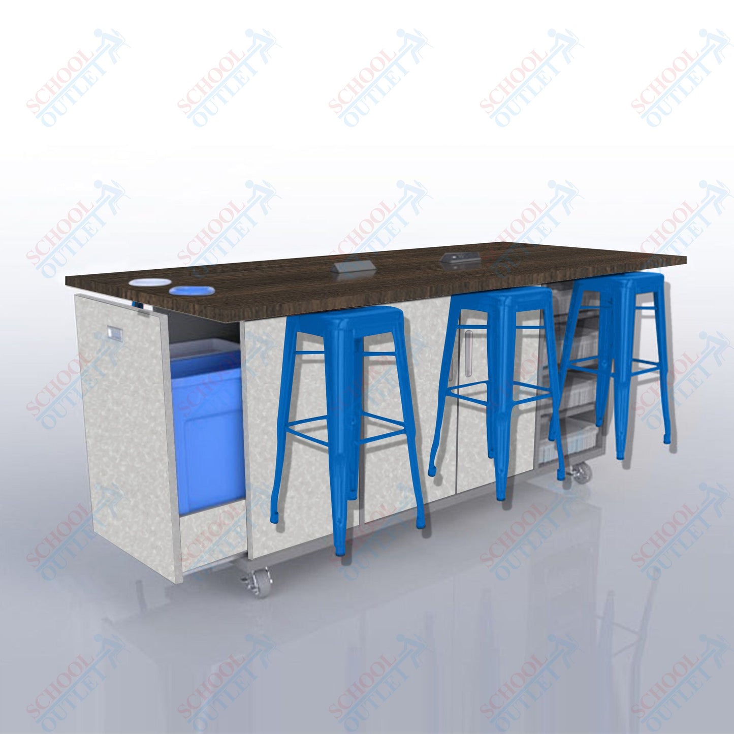 CEF ED Original Table 42"H High Pressure Laminate Top, Laminate Base with  6 Stools, Storage Bins, Trash Bins, and Electrical Outlets Included.