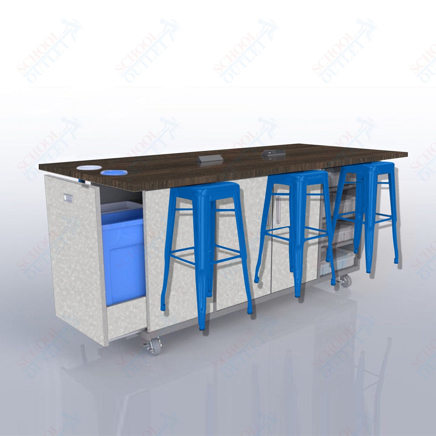 CEF ED Original Table 42"H High Pressure Laminate Top, Laminate Base with  6 Stools, Storage Bins, Trash Bins, and Electrical Outlets Included.