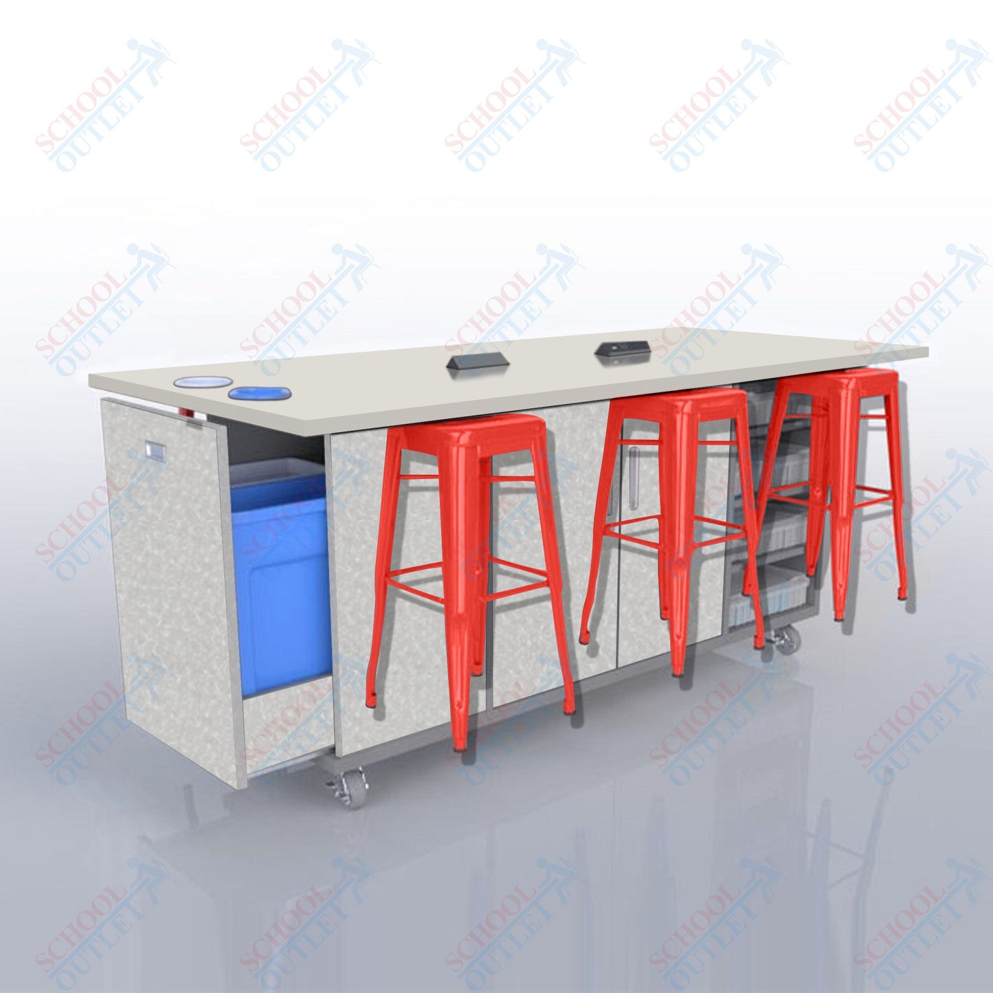 CEF ED Original Table 42"H High Pressure Laminate Top, Laminate Base with  6 Stools, Storage Bins, Trash Bins, and Electrical Outlets Included.