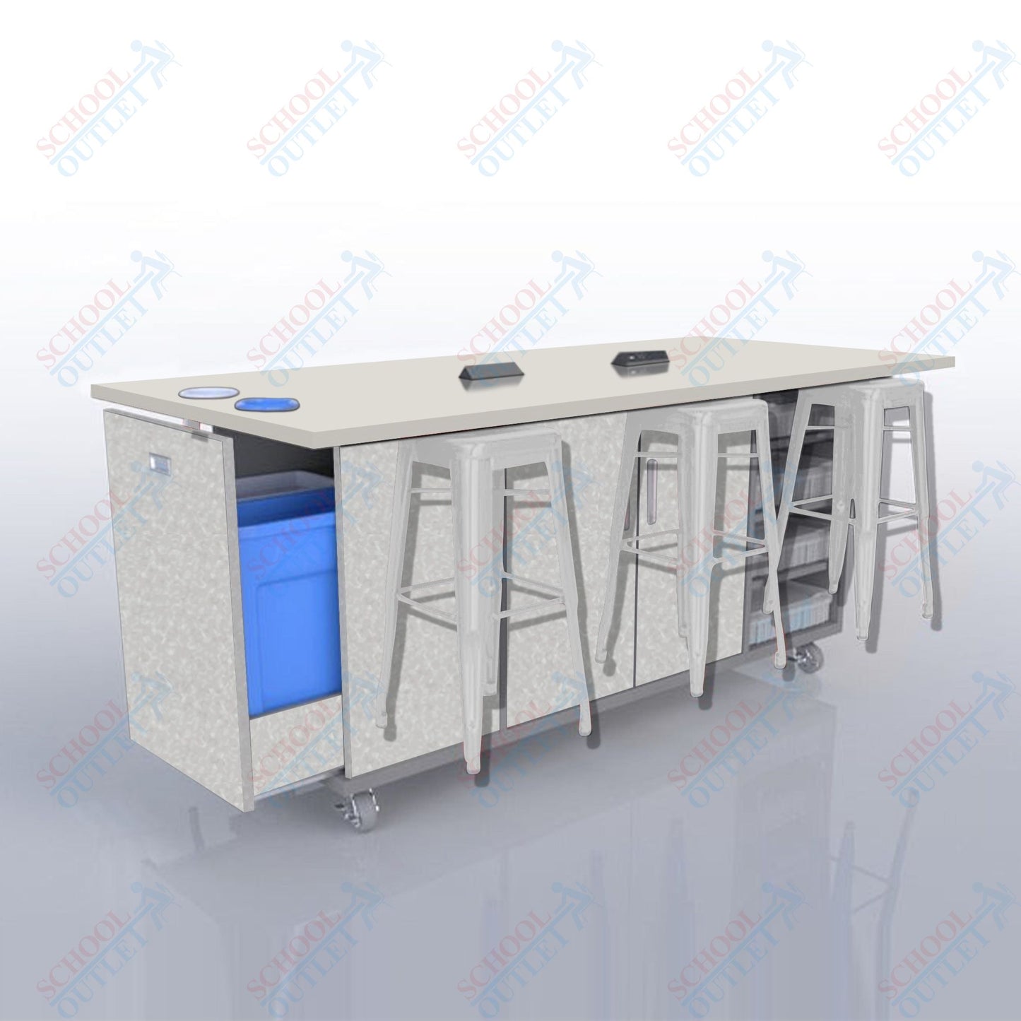 CEF ED Original Table 42"H High Pressure Laminate Top, Laminate Base with  6 Stools, Storage Bins, Trash Bins, and Electrical Outlets Included.