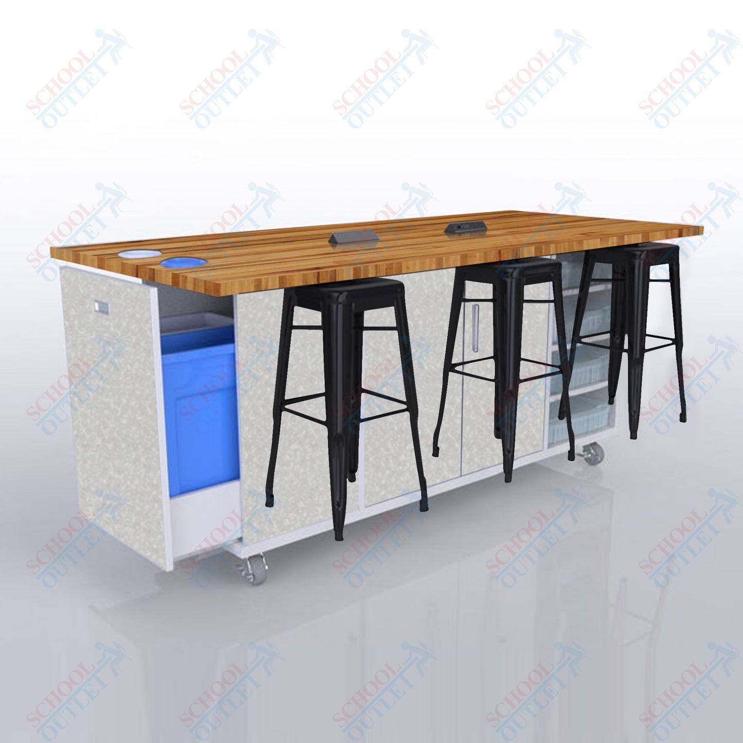 CEF ED Original Table 42"H Butcher Block Top, Laminate Base with  6 Stools, Storage Bins, Trash Bins, and Electrical Outlets Included.