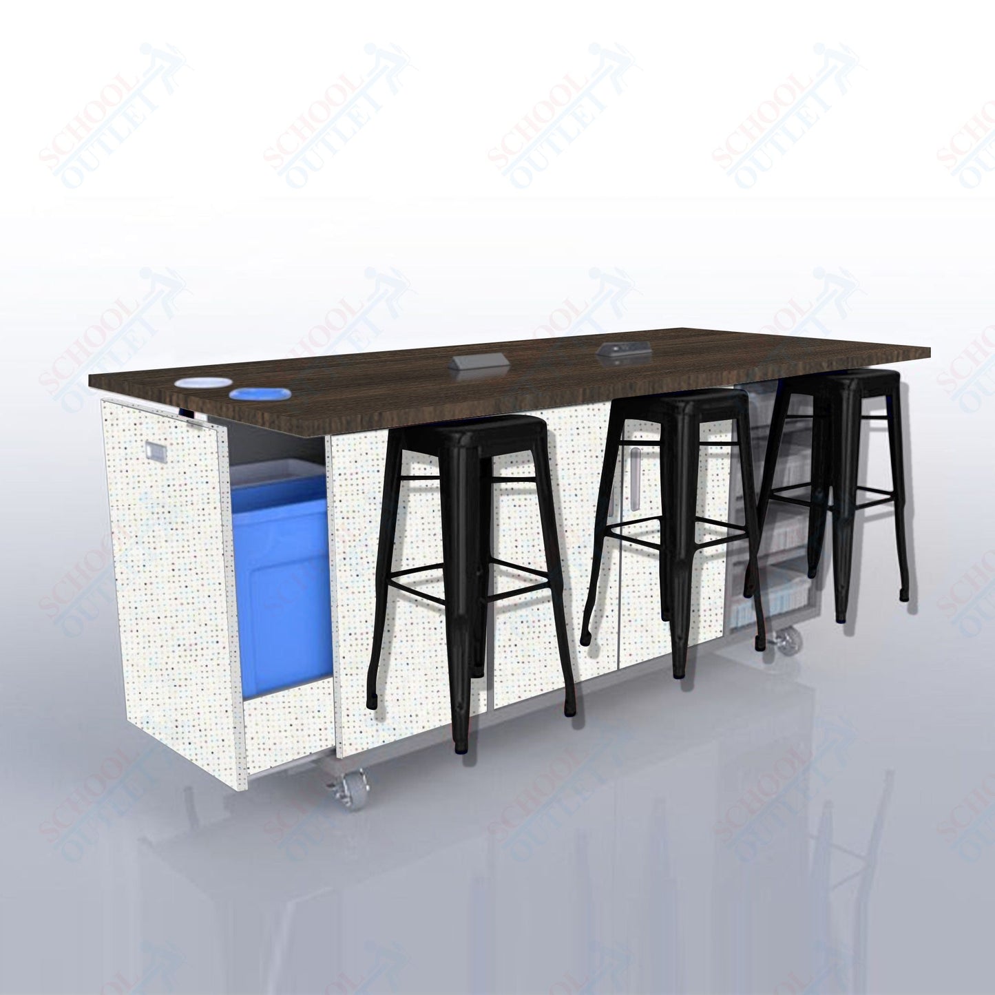 CEF ED Original Table 42"H High Pressure Laminate Top, Laminate Base with  6 Stools, Storage Bins, Trash Bins, and Electrical Outlets Included.