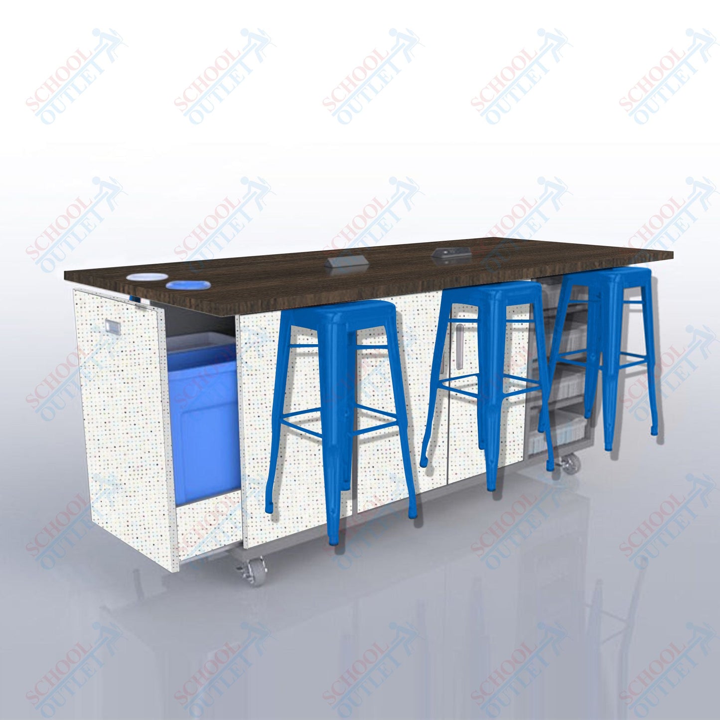 CEF ED Original Table 42"H High Pressure Laminate Top, Laminate Base with  6 Stools, Storage Bins, Trash Bins, and Electrical Outlets Included.