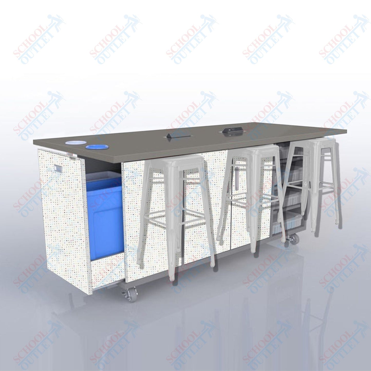 CEF ED Original Table 42"H High Pressure Laminate Top, Laminate Base with  6 Stools, Storage Bins, Trash Bins, and Electrical Outlets Included.