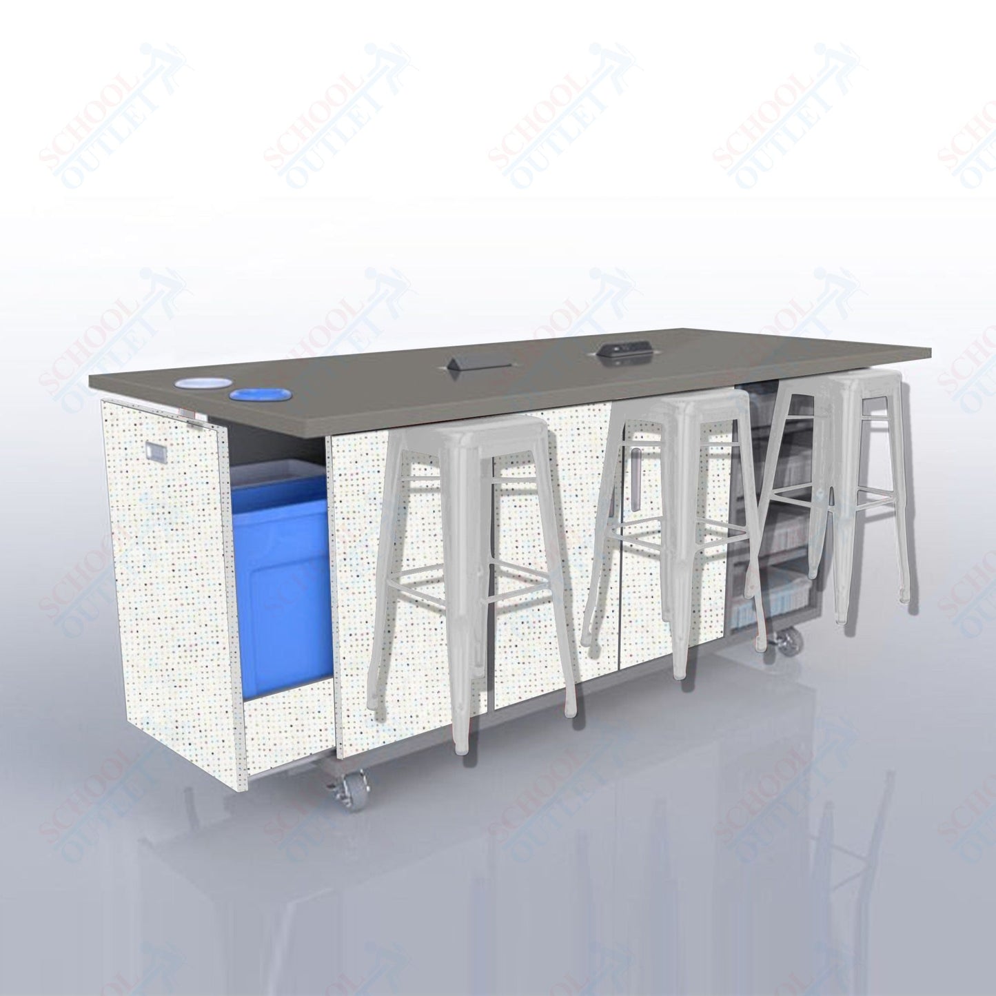 CEF ED Original Table 42"H High Pressure Laminate Top, Laminate Base with  6 Stools, Storage Bins, Trash Bins, and Electrical Outlets Included.