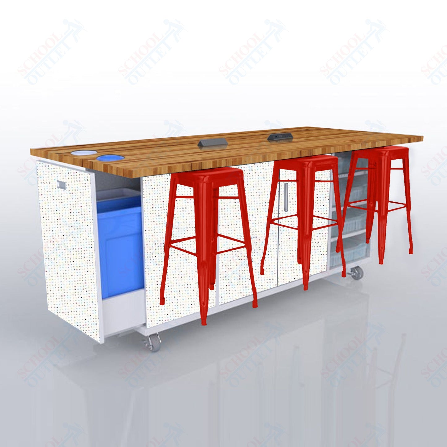 CEF ED Original Table 42"H Butcher Block Top, Laminate Base with 6 Stools, Storage Bins, Trash Bins, and Electrical Outlets Included.