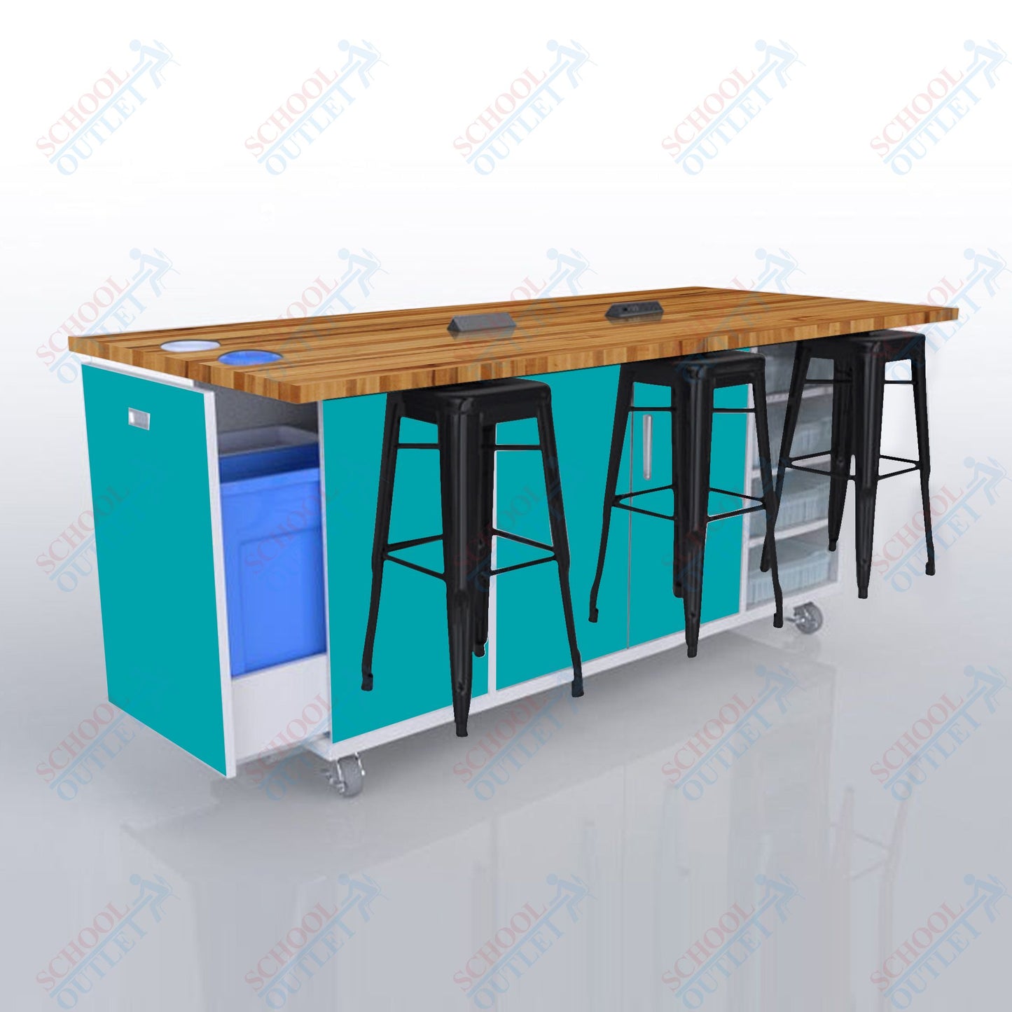 CEF ED Original Table 42"H Butcher Block Top, Laminate Base with  6 Stools, Storage Bins, Trash Bins, and Electrical Outlets Included.