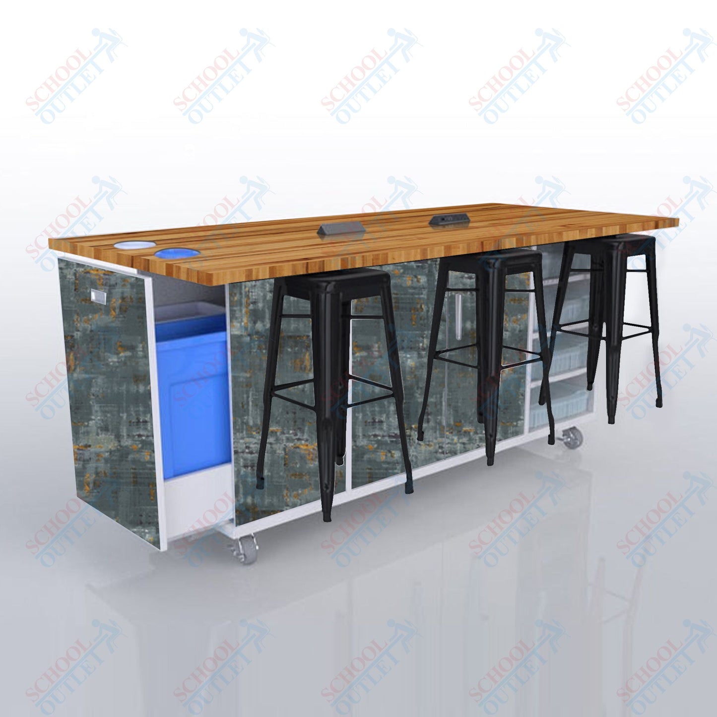 CEF ED Original Table 42"H Butcher Block Top, Laminate Base with 6 Stools, Storage Bins, Trash Bins, and Electrical Outlets Included.